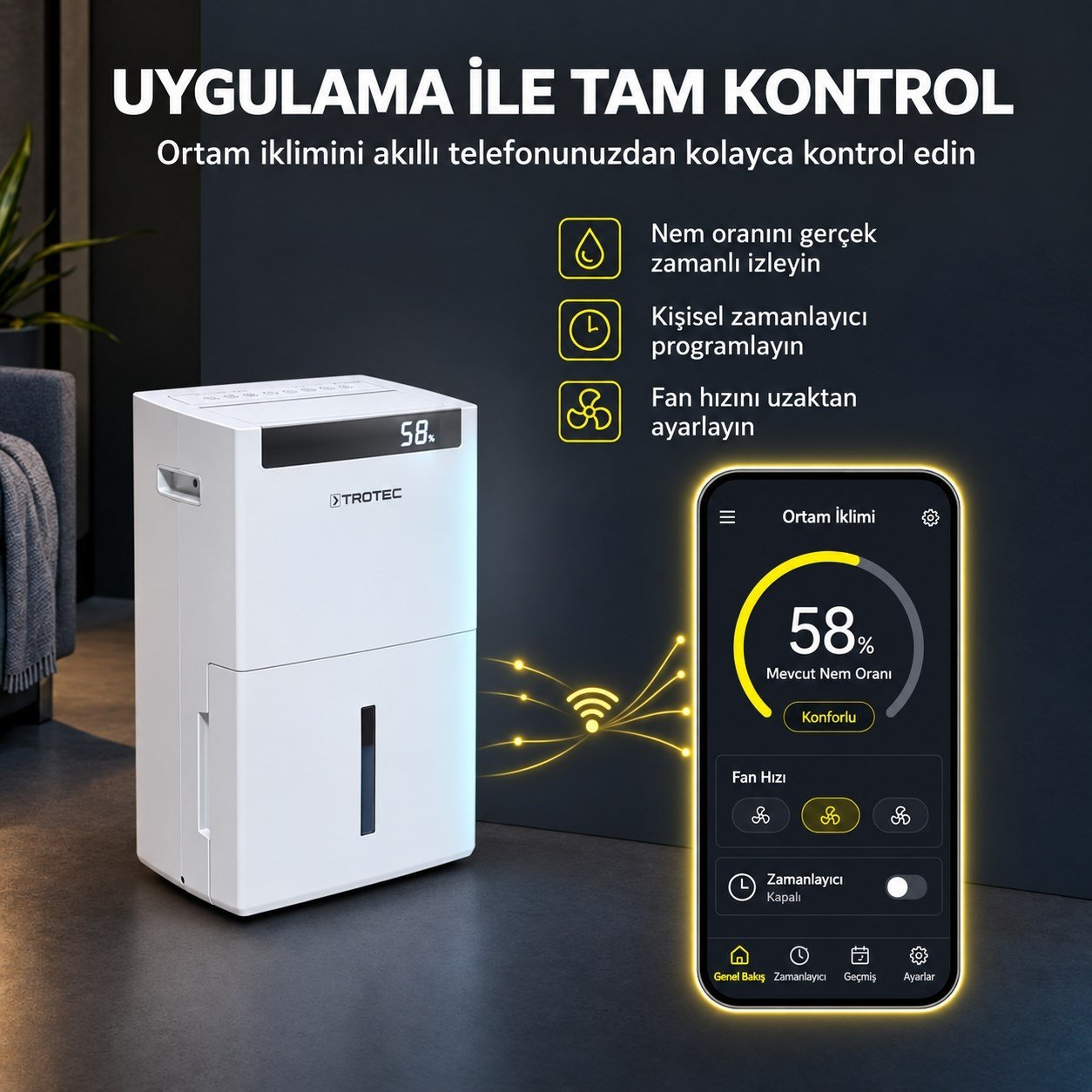 Akıllı telefon kontrolü ve Wi-Fi simgesi olan beyaz nem alma cihazı.