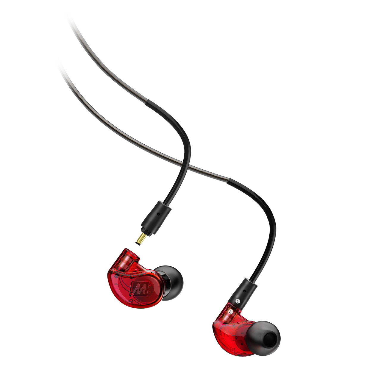 Rote transparente In-Ear-Kopfhörer mit abnehmbaren schwarzen Kabeln auf weißem Hintergrund.