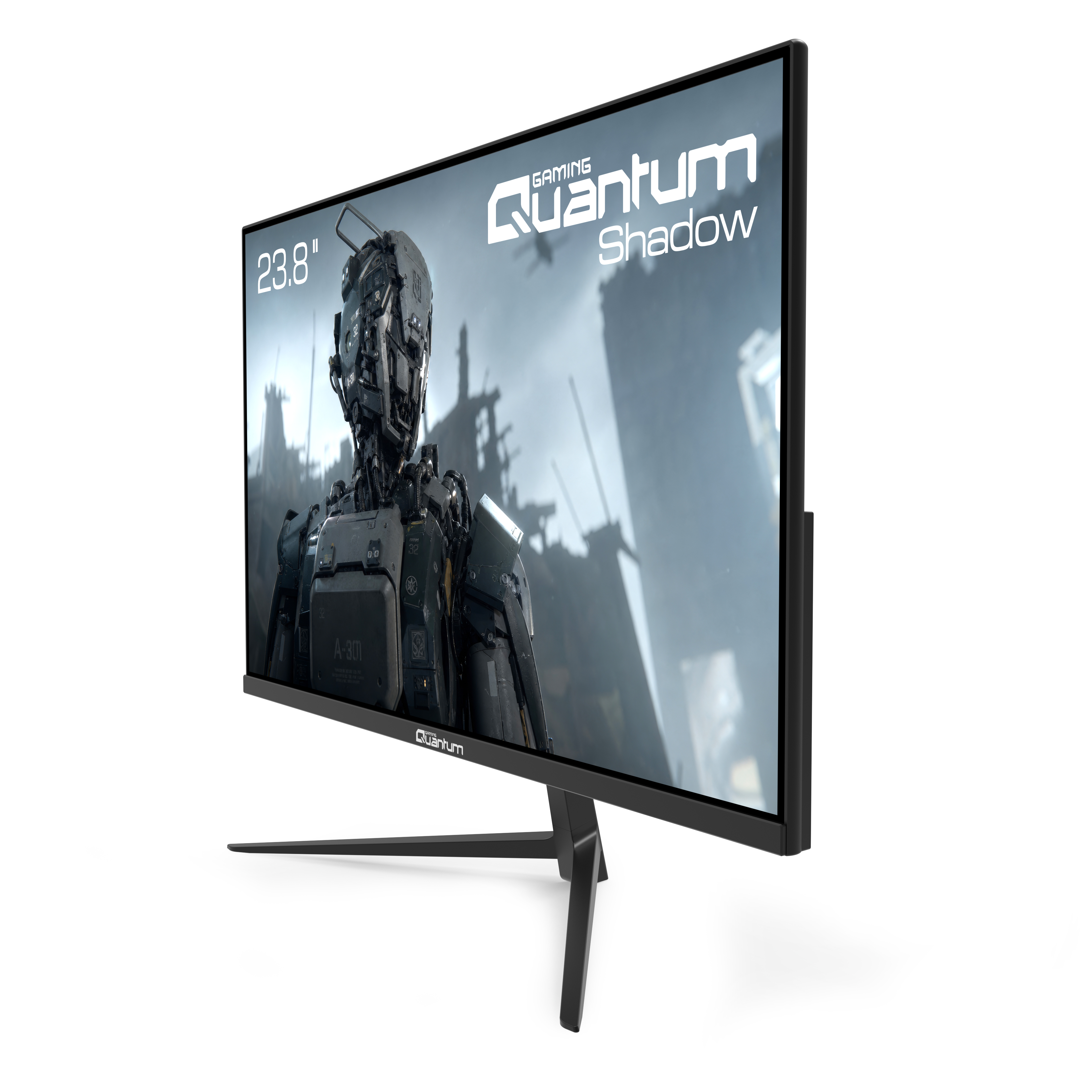 Beyaz arkaplanda yıkık bir şehirdeki bir robotu gösteren 23,8 inçlik Quantum Shadow oyuncu monitörü.