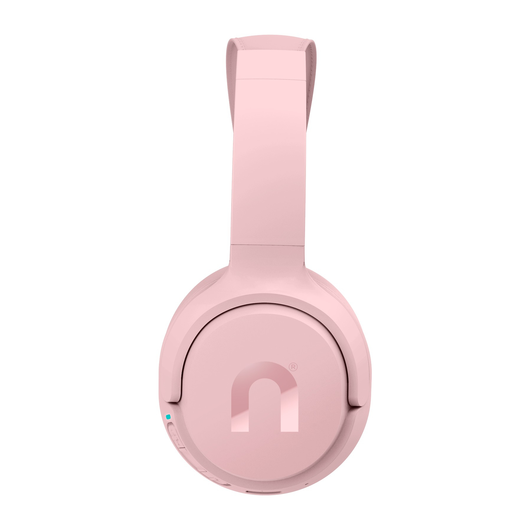 Rosa kabellose On-Ear-Kopfhörer mit Logo auf weißem Hintergrund.