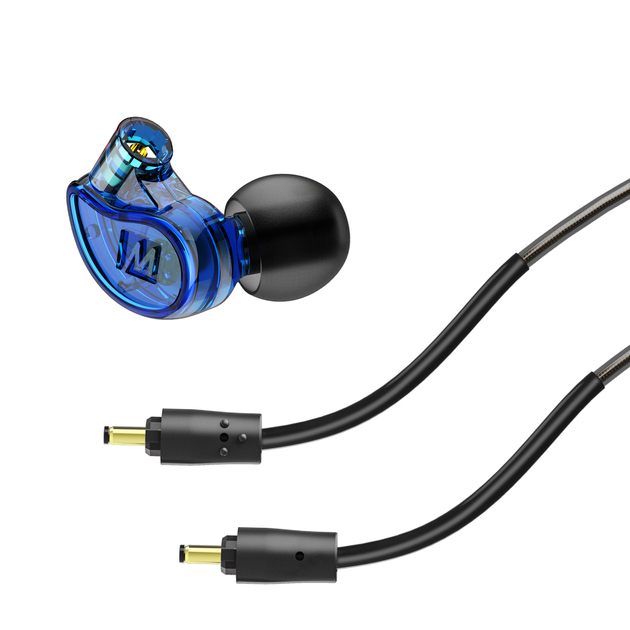 Durchsichtige blaue In-Ear-Kopfhörer mit schwarzem Kabel und goldenen Steckern auf weißem Hintergrund.