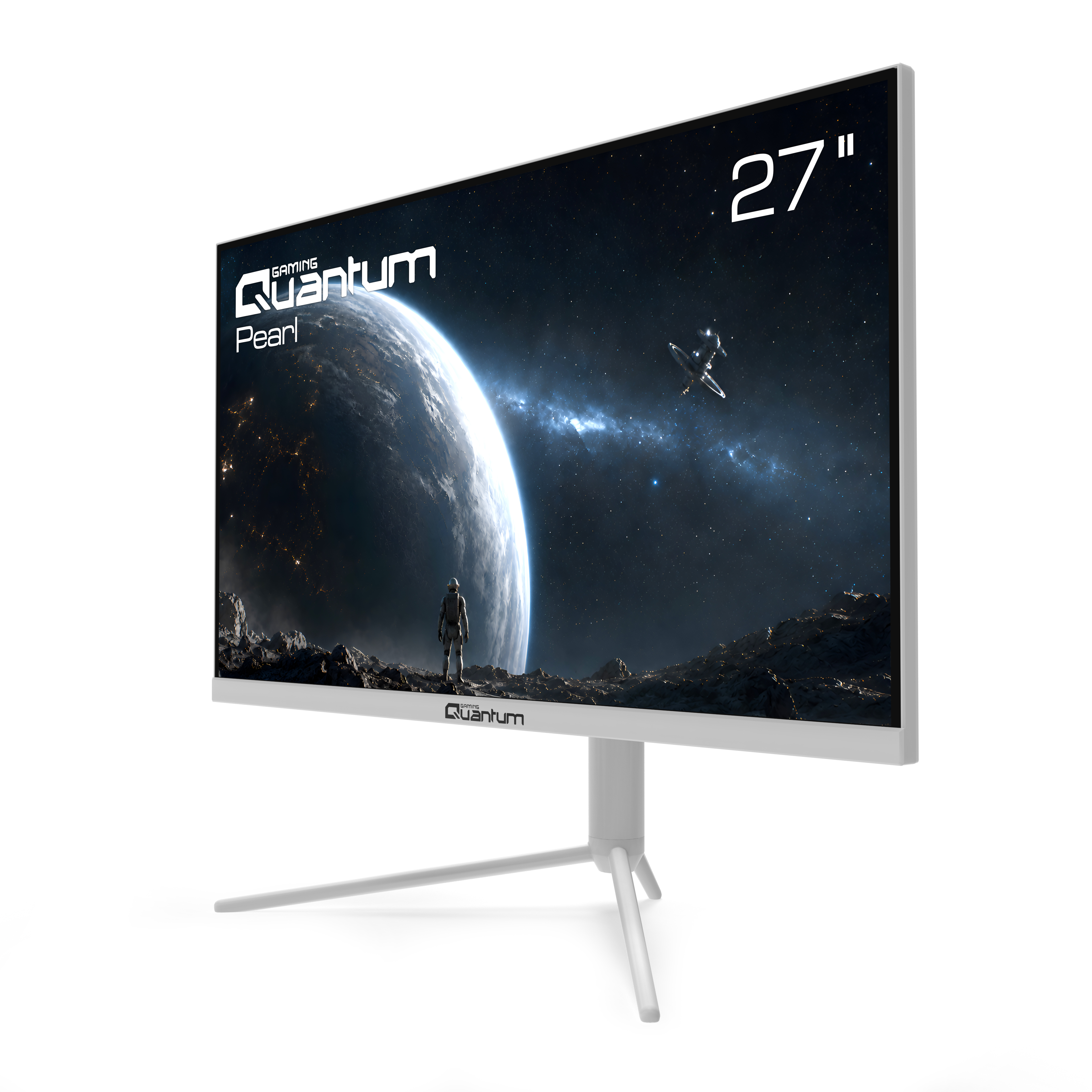 Üç ayaklı stant üzerinde yer alan beyaz renkli, uzay manzaralı 27 inç Quantum Pearl oyuncu monitörü.