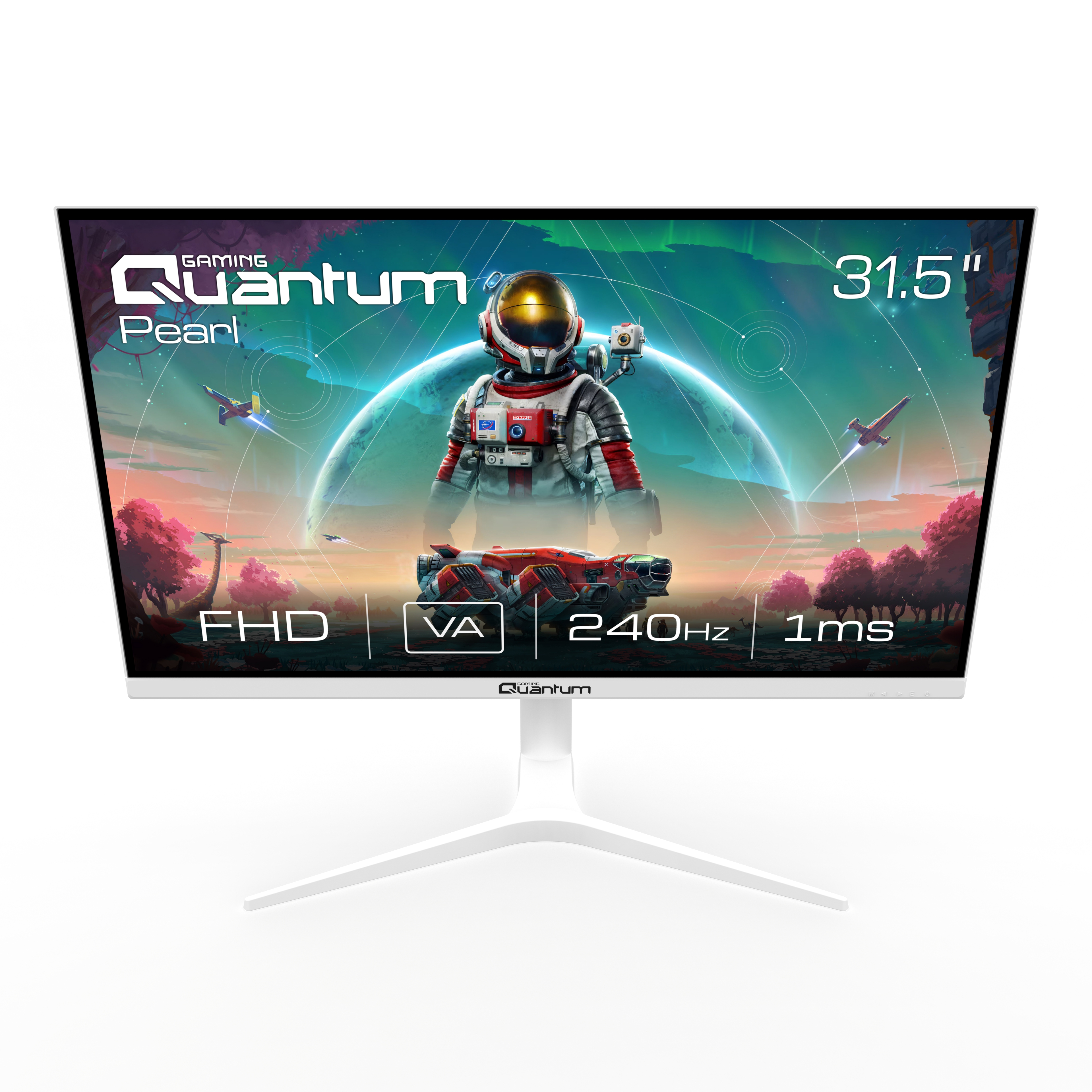 Quantum Pearl logolu ve astronot görseline sahip beyaz 31.5 inç oyun monitörü.