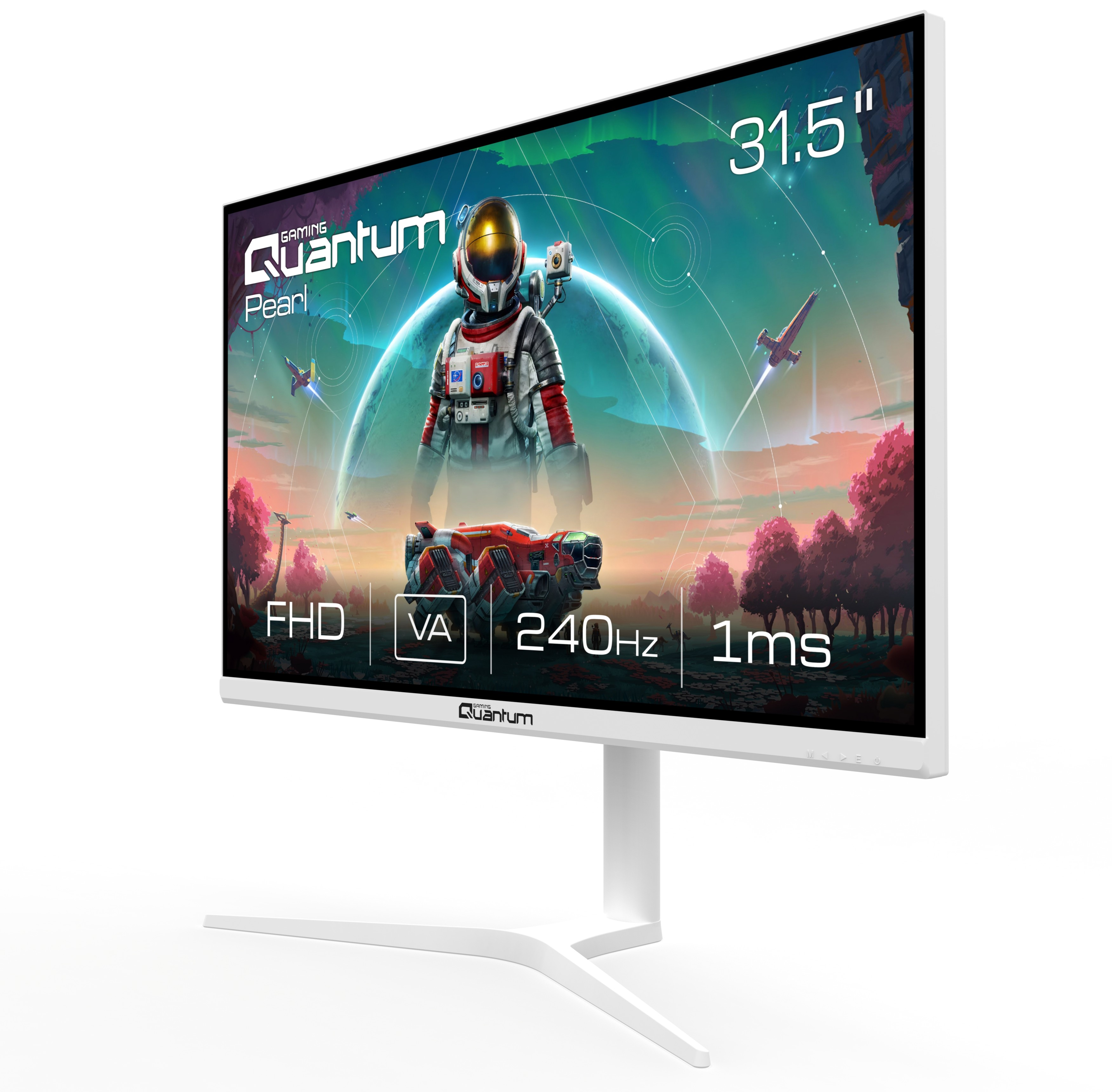 Ekranında bilimkurgu uzay sahnesi olan beyaz 31.5" Gaming Quantum Pearl monitör.