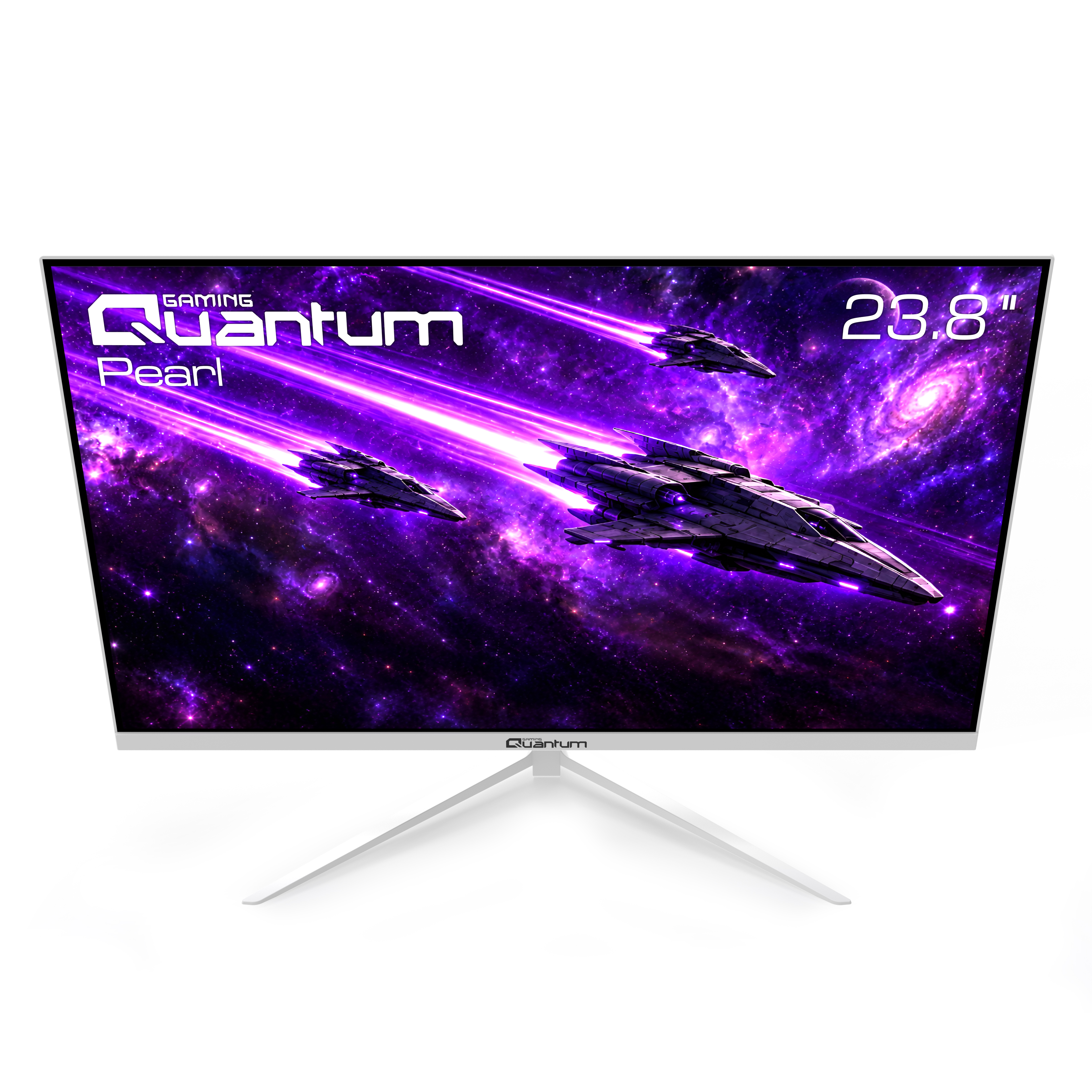 Beyaz ayaklı ve ekranda mor uzay sahnesi olan 23.8 inç Quantum Pearl oyuncu monitörü.