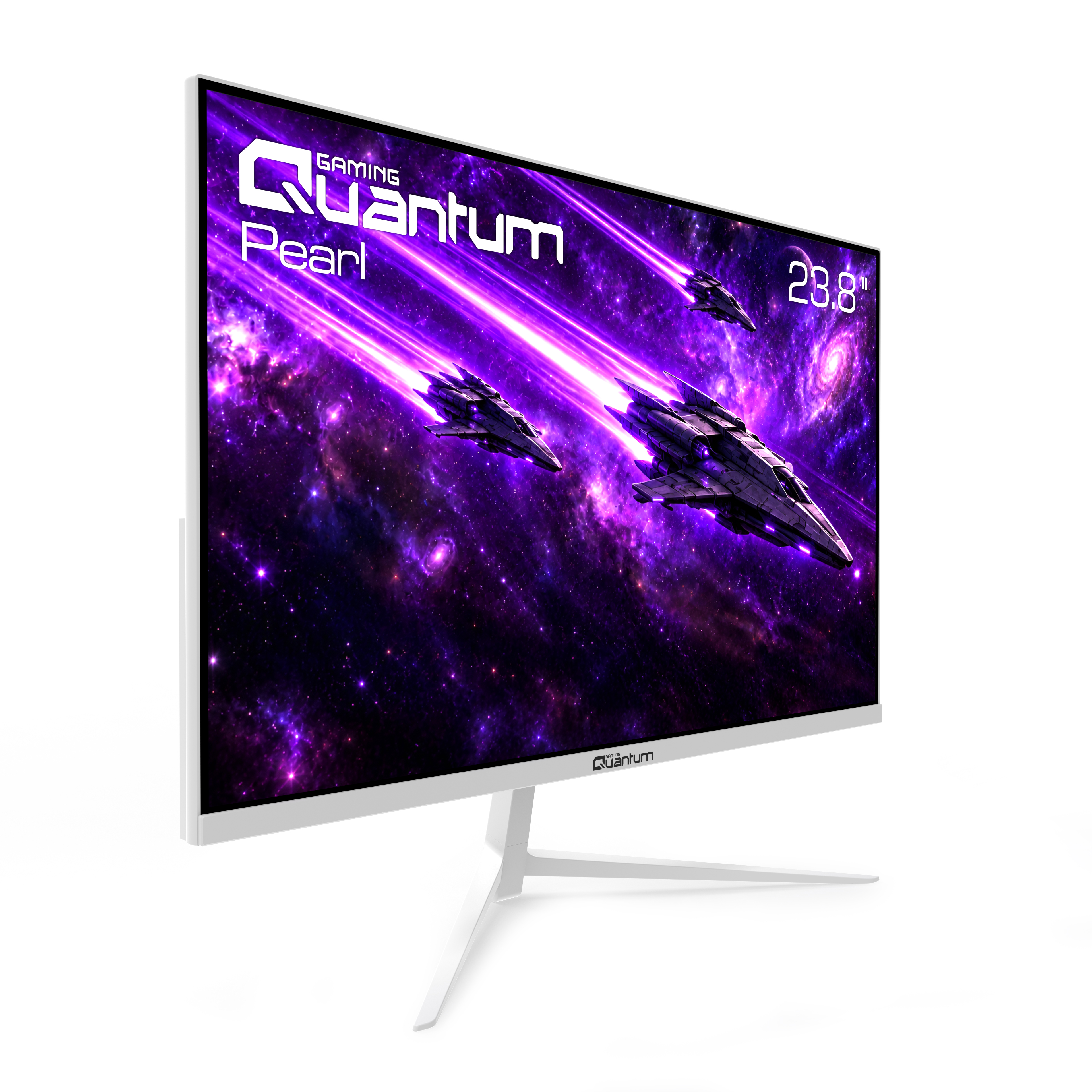 Beyaz renkli 23.8 inç oyuncu monitöründe uzay gemileri ve "Quantum Pearl" yazısı olan mor bir uzay sahnesi var.