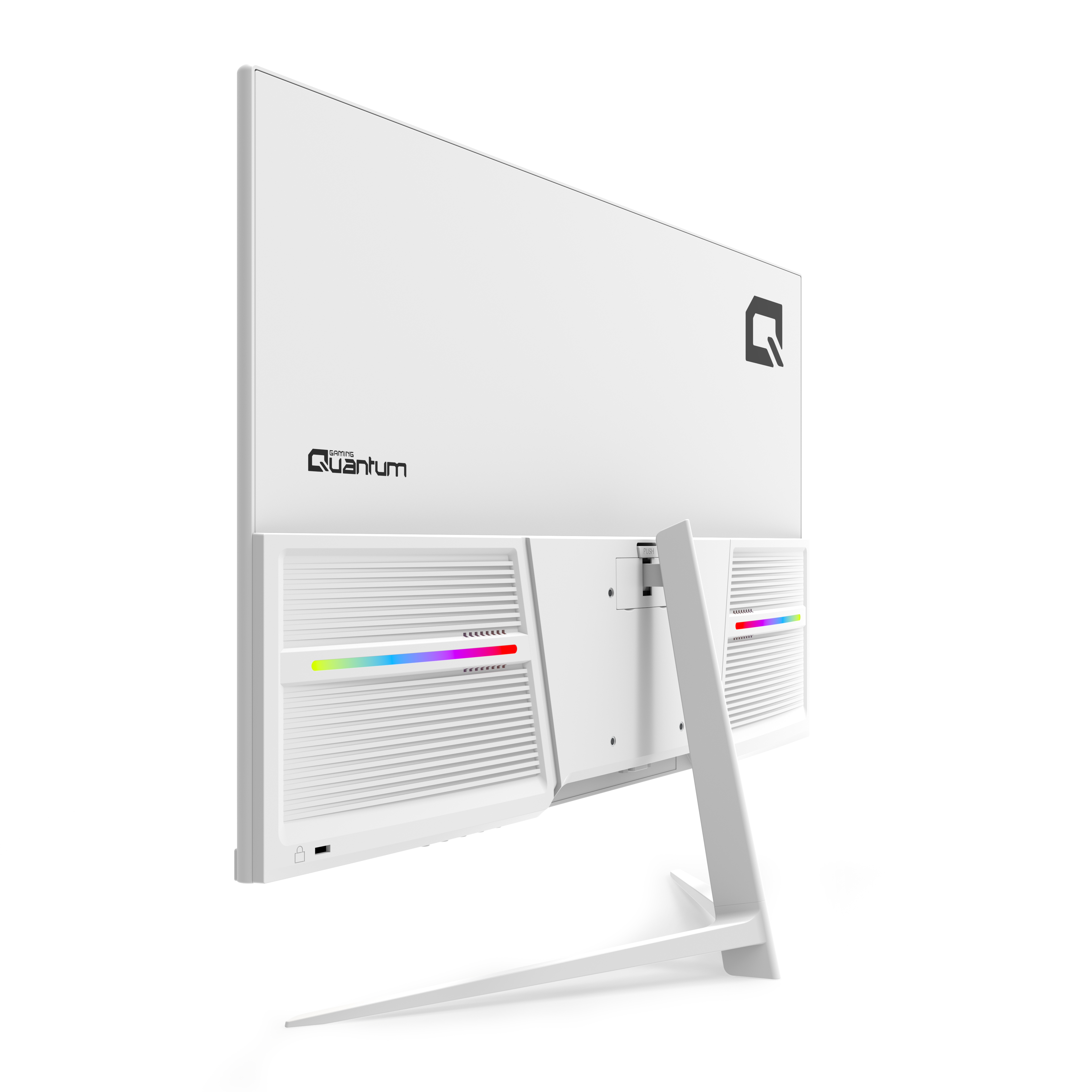 RGB aydınlatma şeritlerine ve bir standa sahip beyaz renkli bir Gaming Quantum monitörün arkadan görünümü.