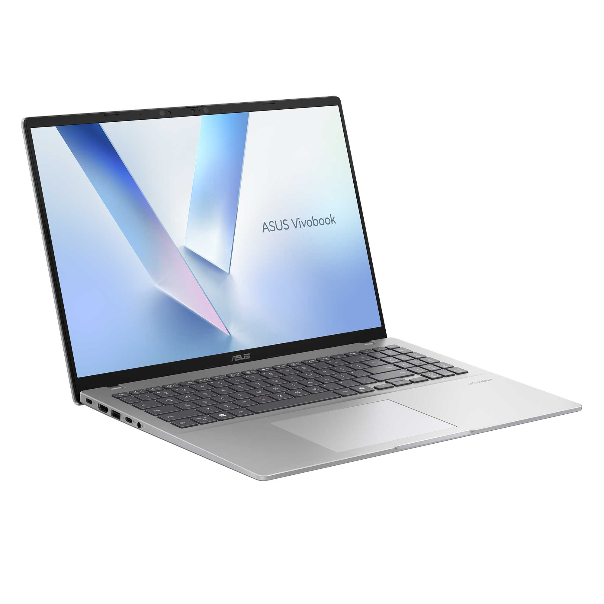 Beyaz arka planda, hafifçe sağa dönük, açık gümüş rengi ASUS Vivobook dizüstü bilgisayar.