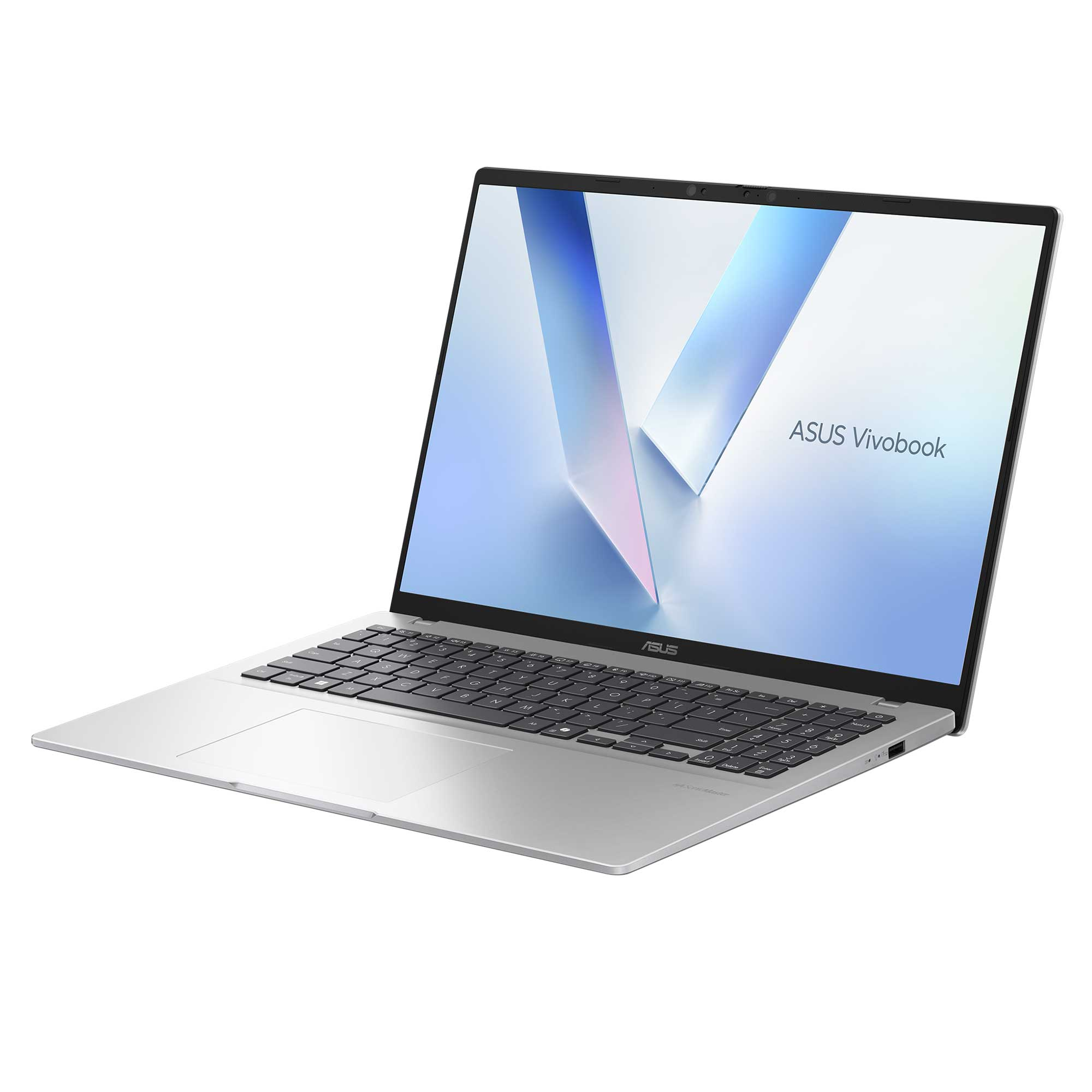Beyaz arka plan önünde açık ekranlı gümüş renkli ASUS Vivobook dizüstü bilgisayar.