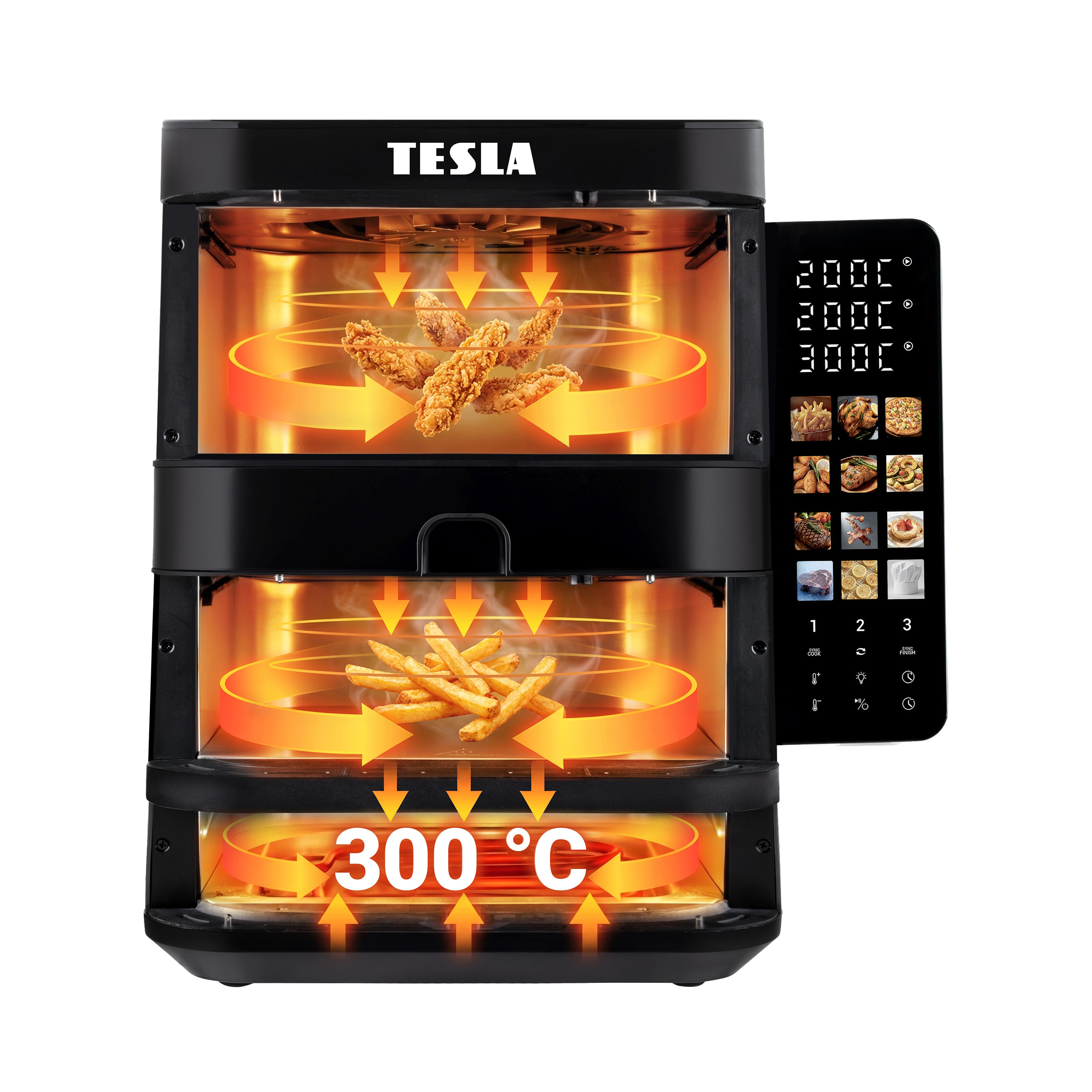 Friggitrice ad aria a doppia zona Tesla con due scomparti, display digitale e grafica di aria calda circolante e patatine.