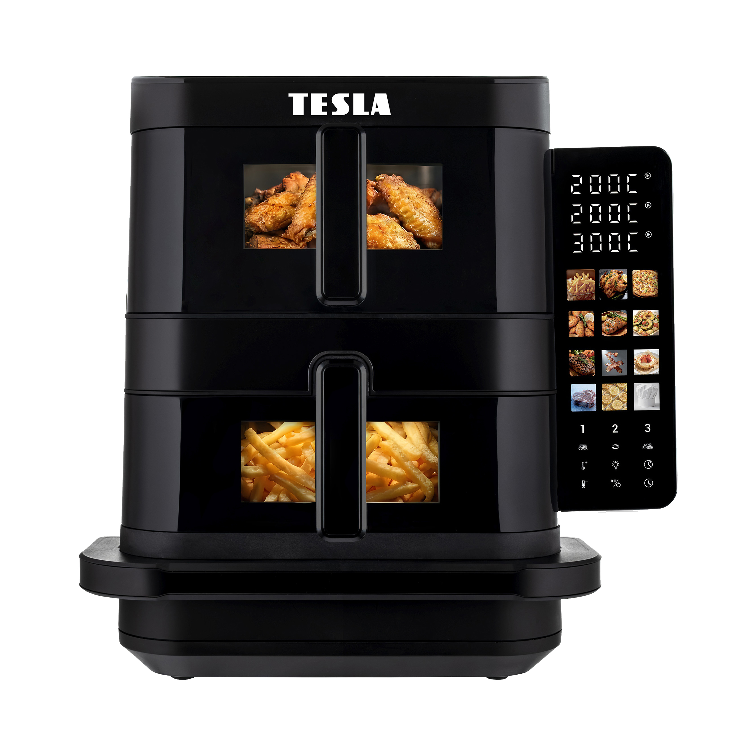 Una friggitrice ad aria Tesla nera a doppio cestello con pannello touch digitale.