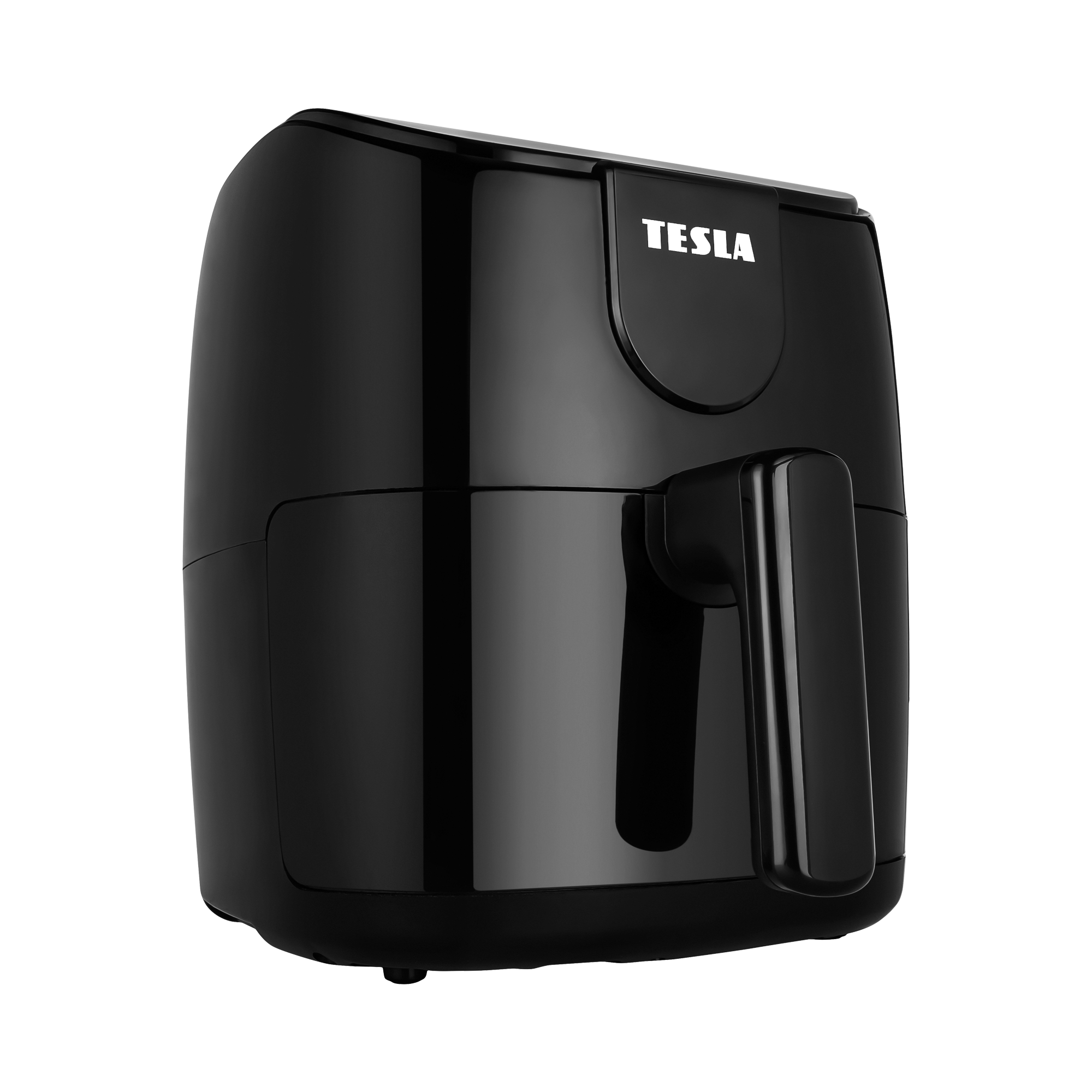 Fekete Tesla légsütő fehér háttérrel, fogantyúval és fehér márkajelzéssel.