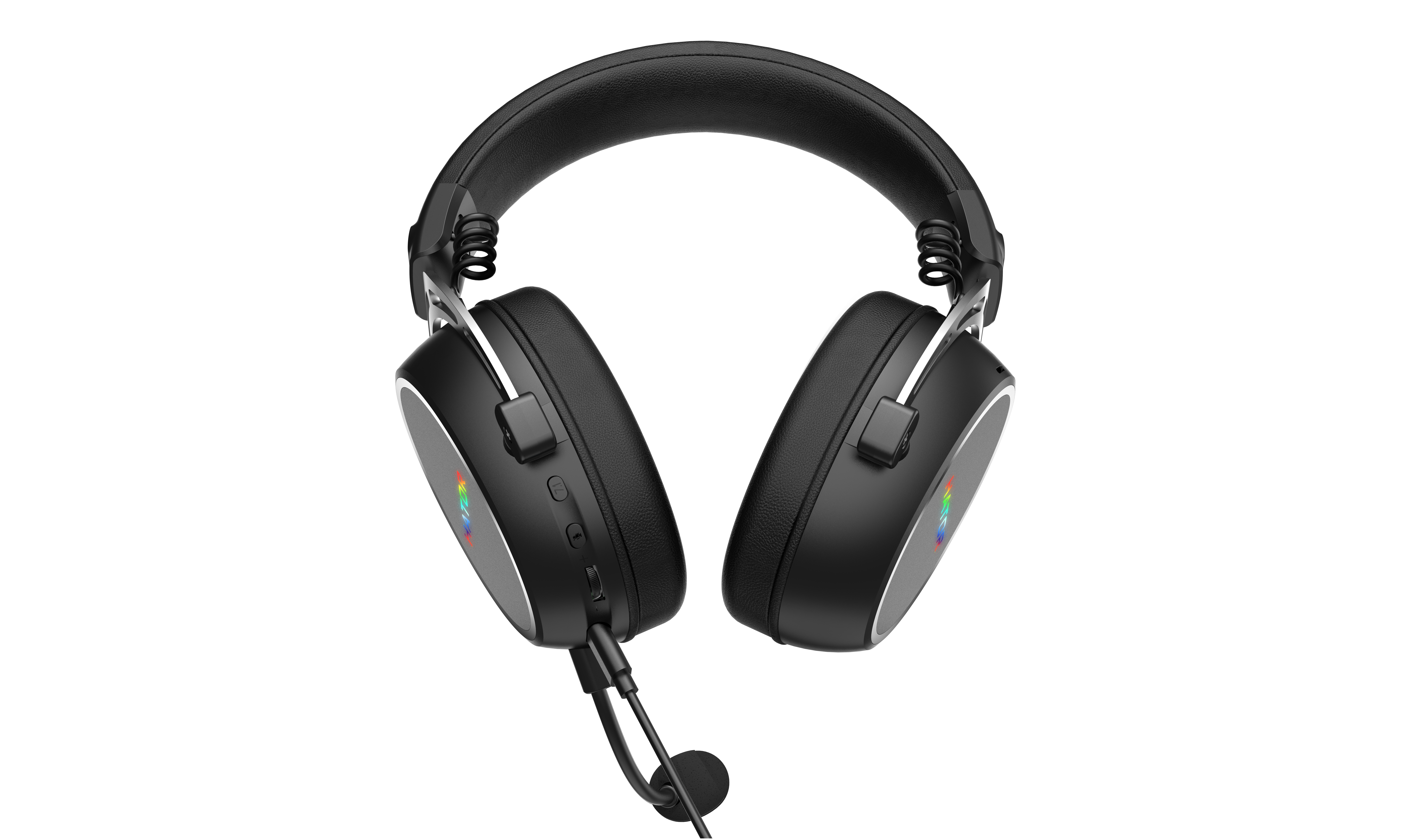 Cuffie da gaming over-ear nere con archetto imbottito, logo RGB sui padiglioni auricolari e microfono.