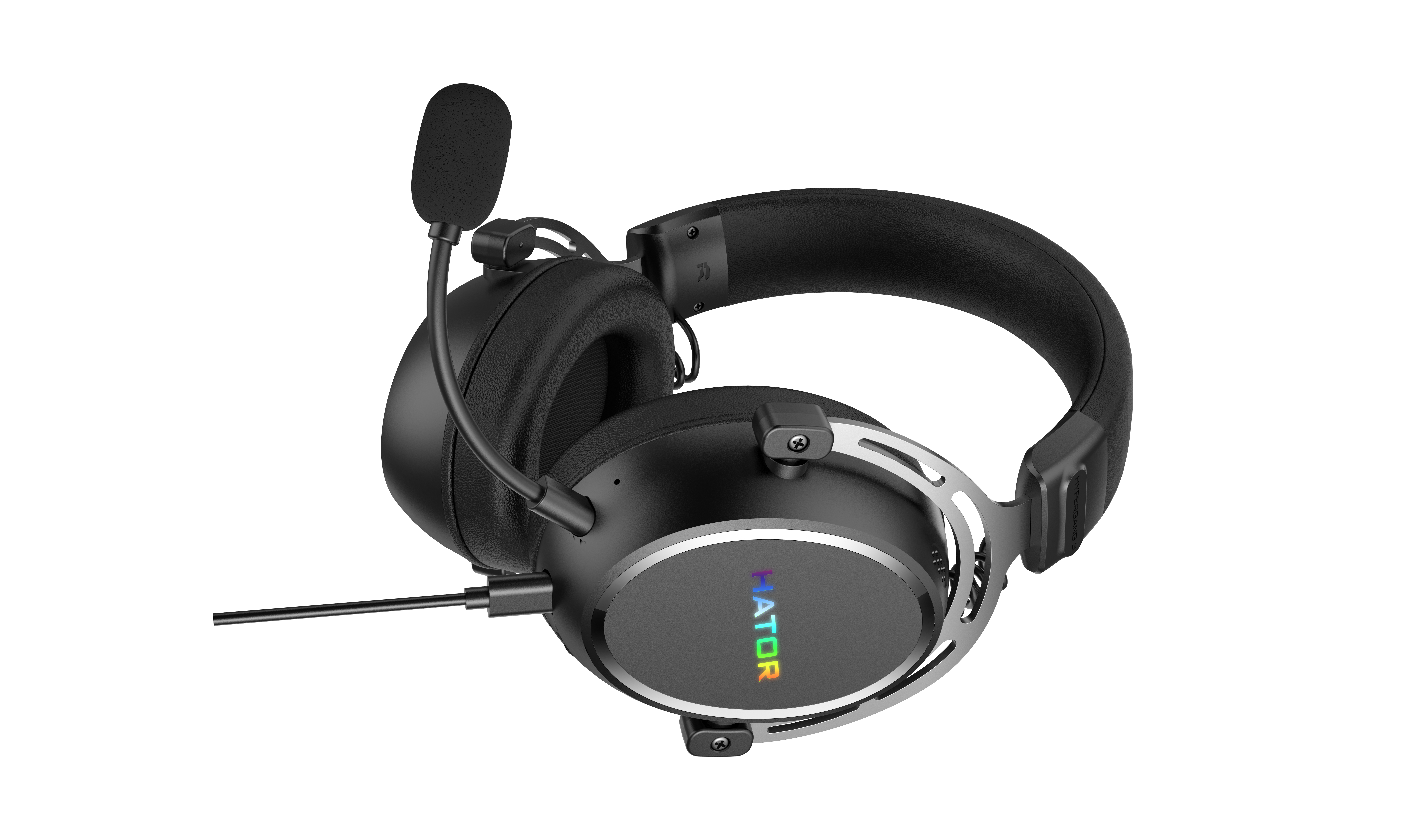 Cuffie da gaming nere con microfono e illuminazione RGB su sfondo bianco.