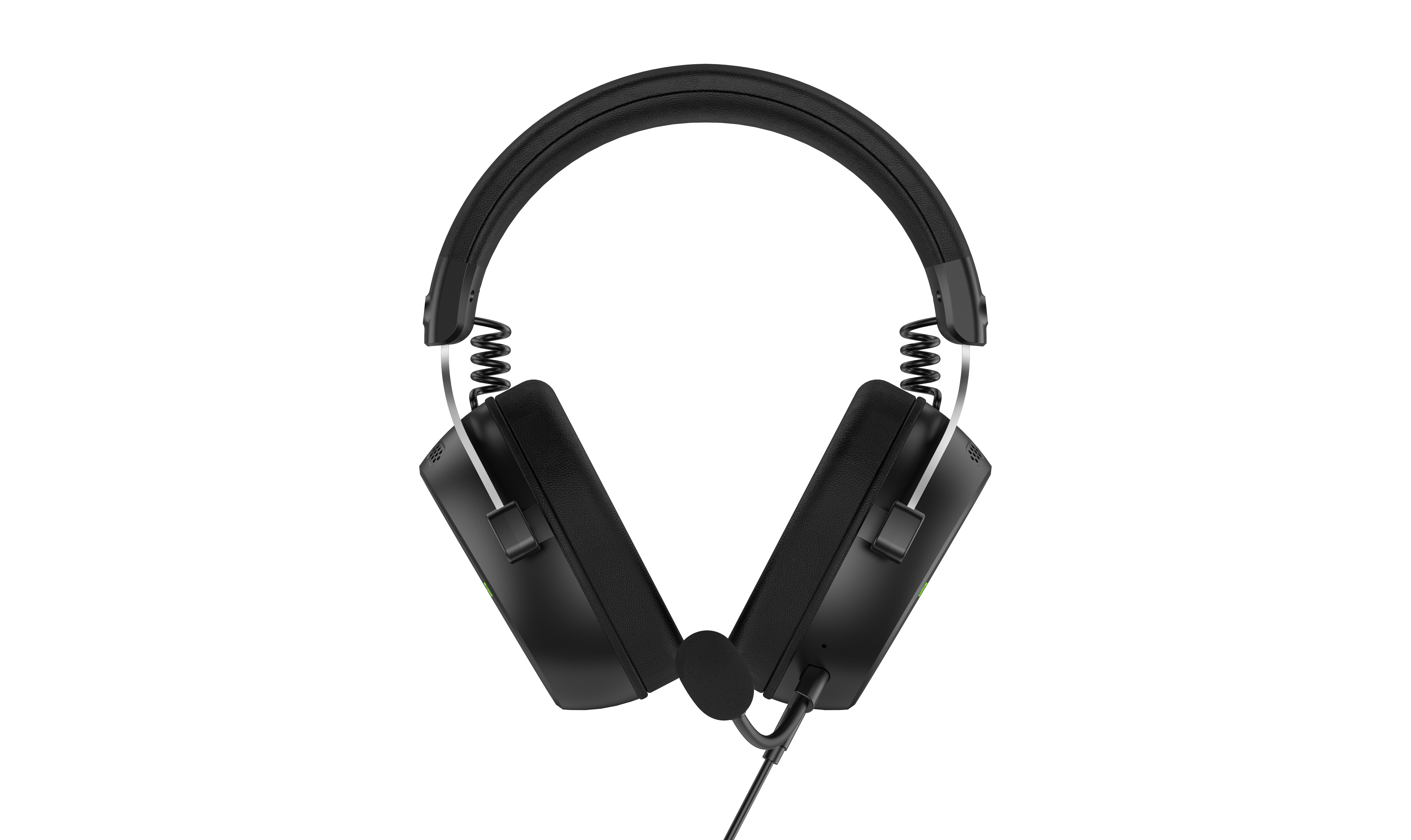 Cuffie da gioco nere over-ear con microfono attaccato, presentate su uno sfondo bianco.
