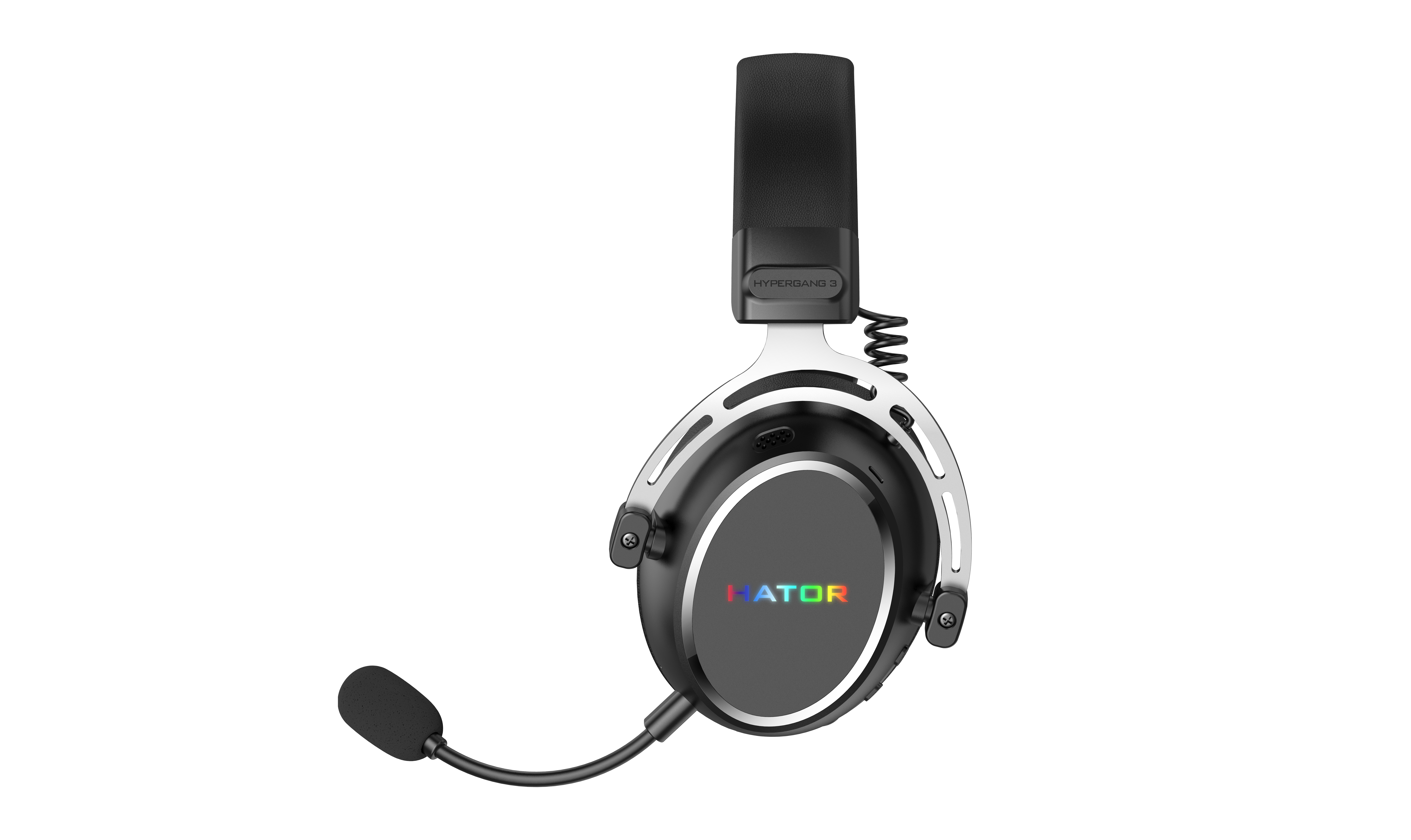 Cuffie da gaming over-ear nere con logo Hator arcobaleno e microfono collegato.