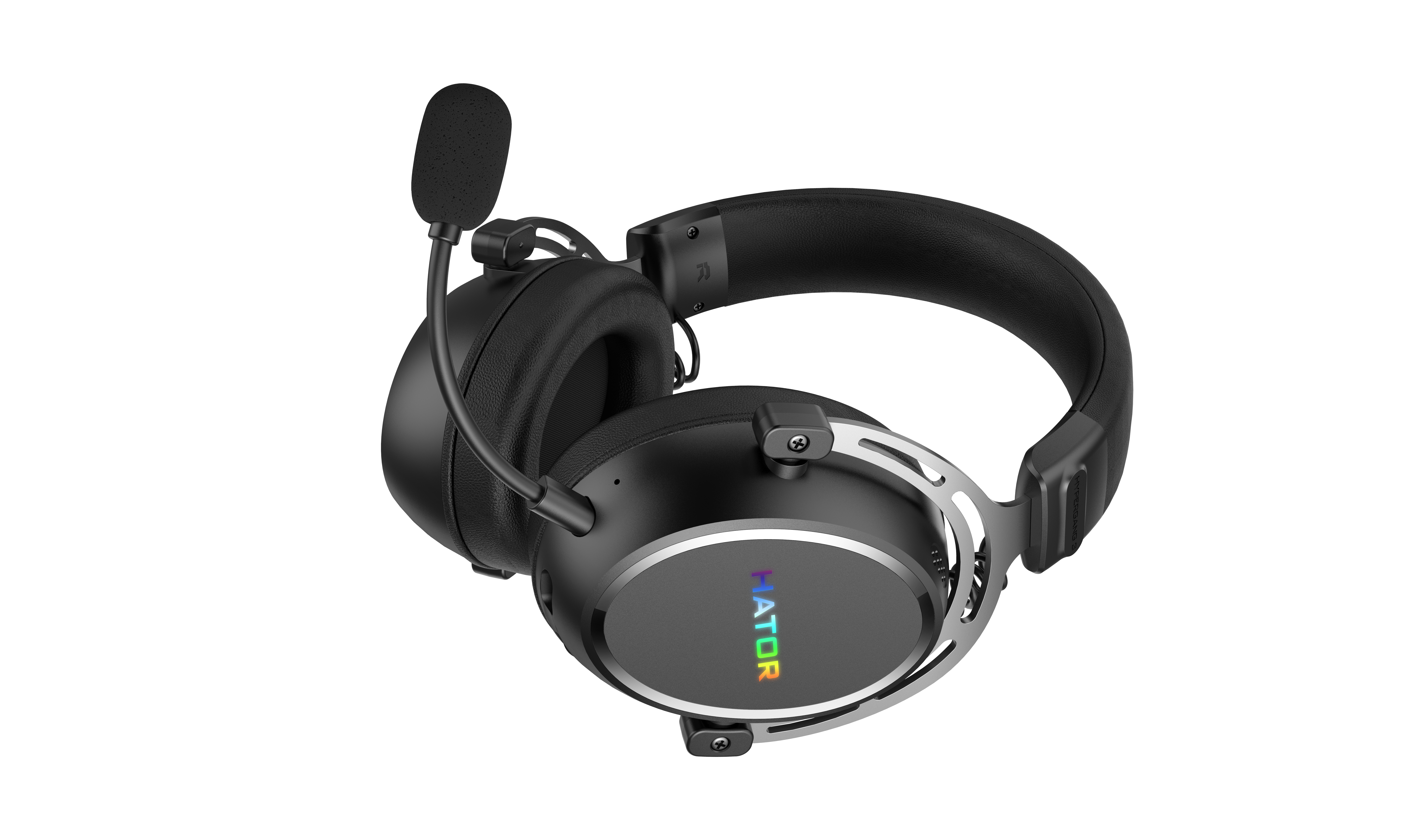 Cuffie da gaming nere con microfono staccabile, padiglioni auricolari imbottiti e logo HATOR su sfondo bianco.