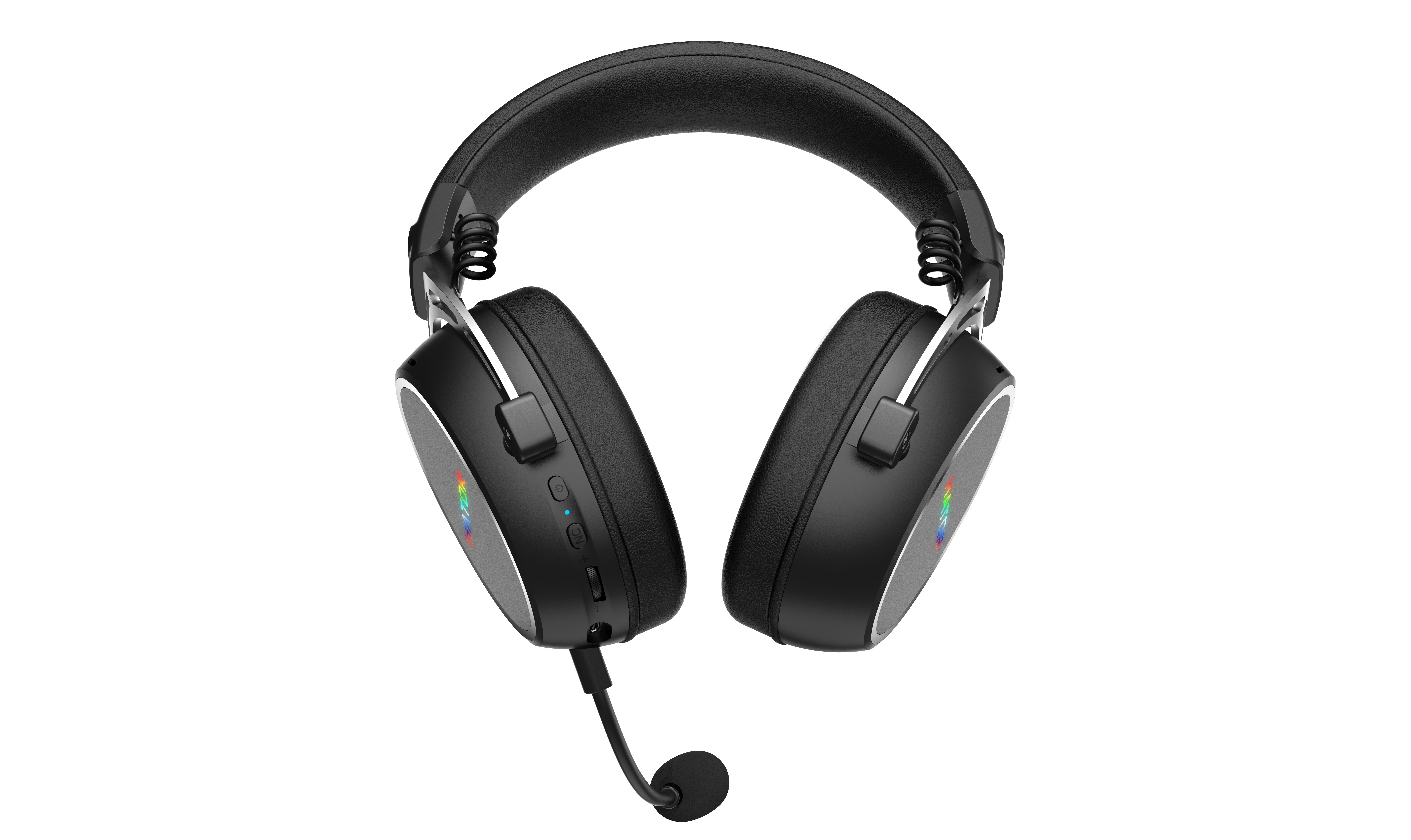 Cuffie da gioco nere over-ear con archetto, padiglioni auricolari imbottiti e microfono collegato su sfondo bianco.