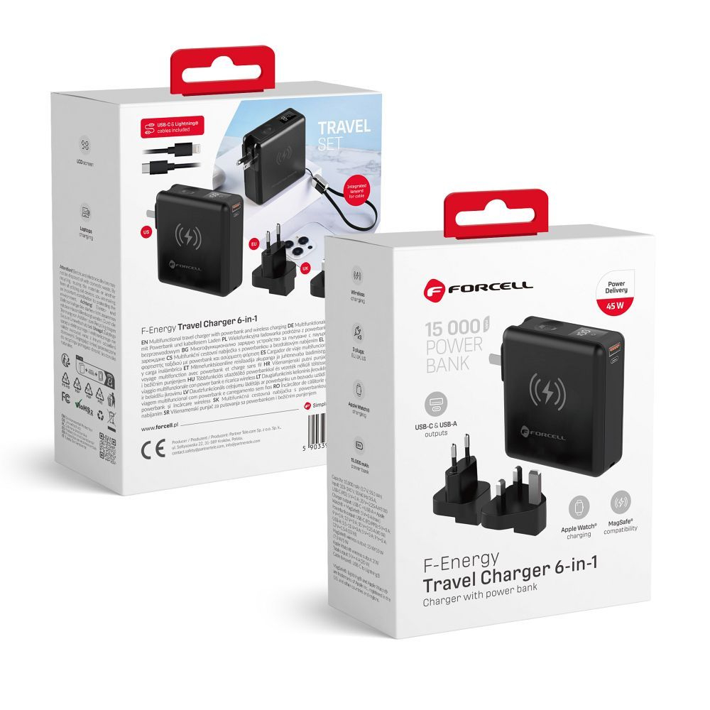 Zwei weiße Produktverpackungen für ein schwarzes 6-in-1 Forcell Travel Charger mit Powerbank, vorne und hinten sichtbar.