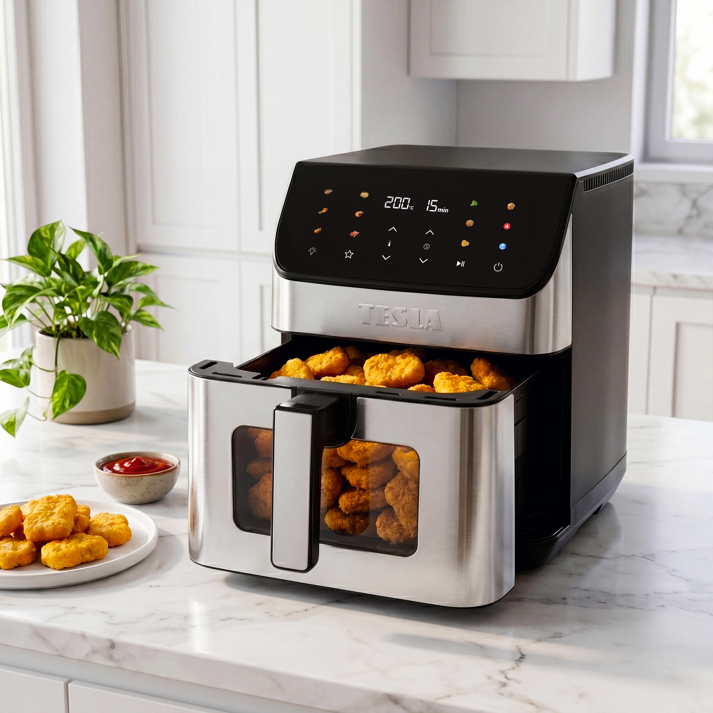 Una friggitrice ad aria Tesla nera e argento piena di nugget di pollo si trova su un piano di marmo.