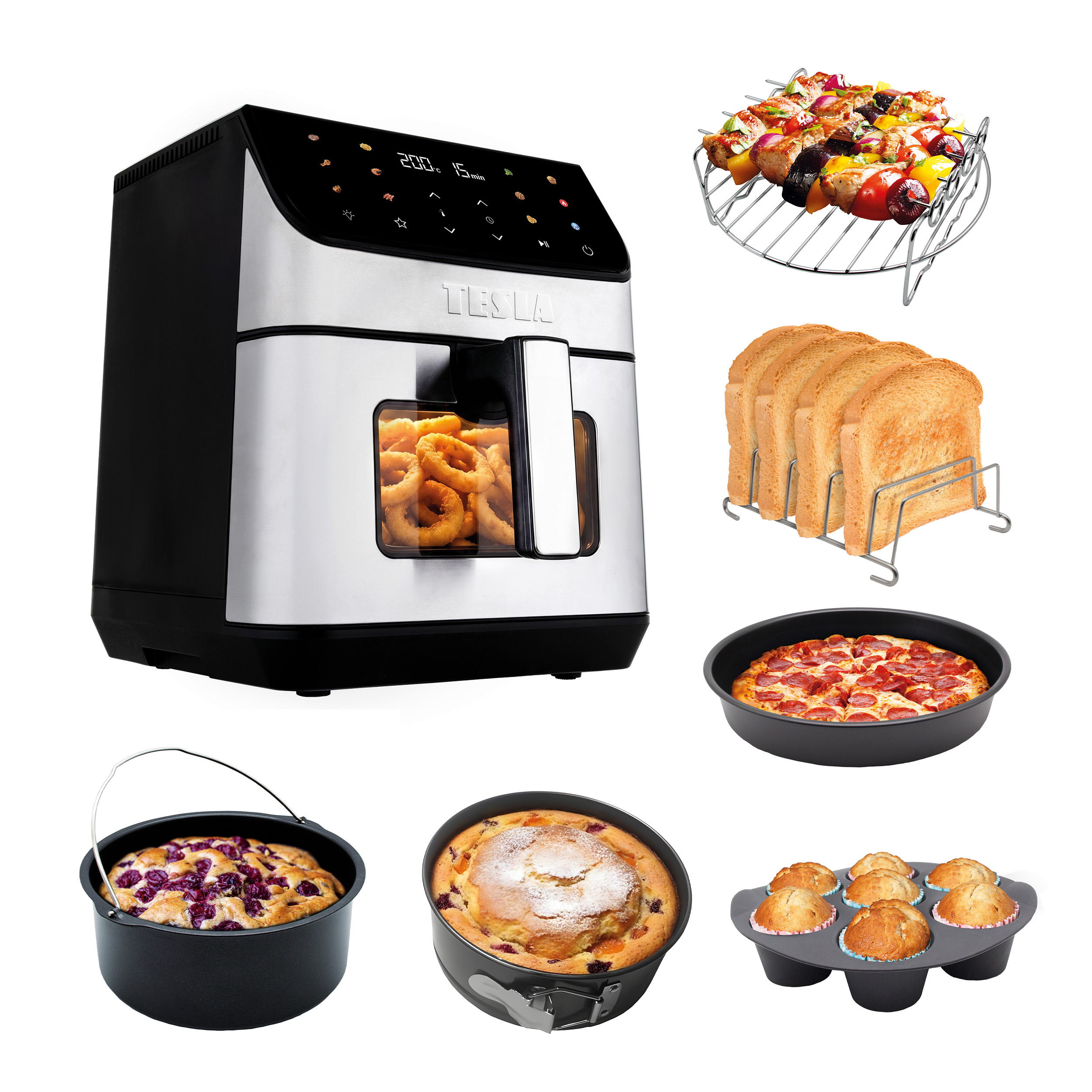 Friggitrice ad aria in acciaio inossidabile con display digitale e accessori come spiedini.