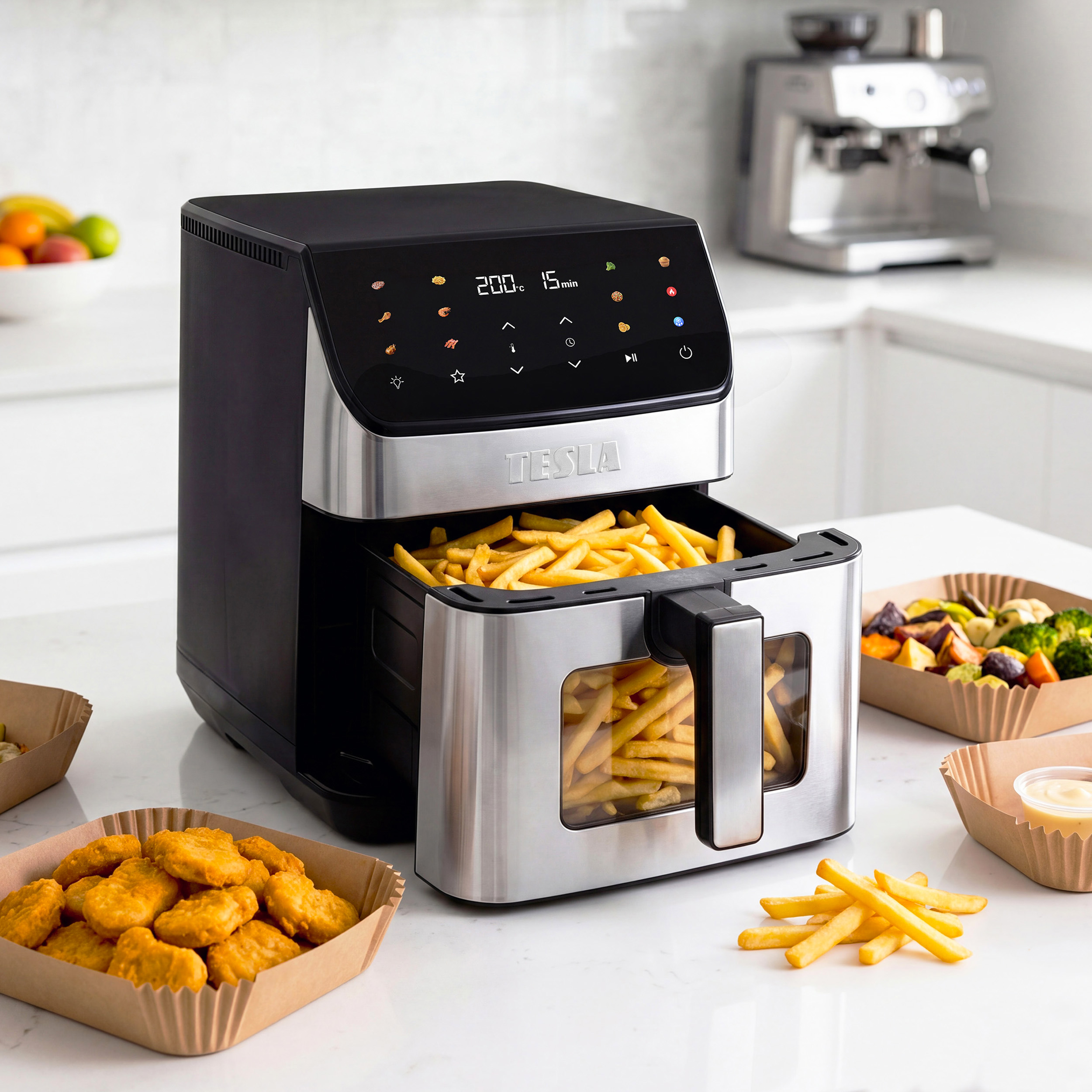 Friggitrice ad aria Tesla nera su un piano di lavoro con patatine e nuggets freschi.