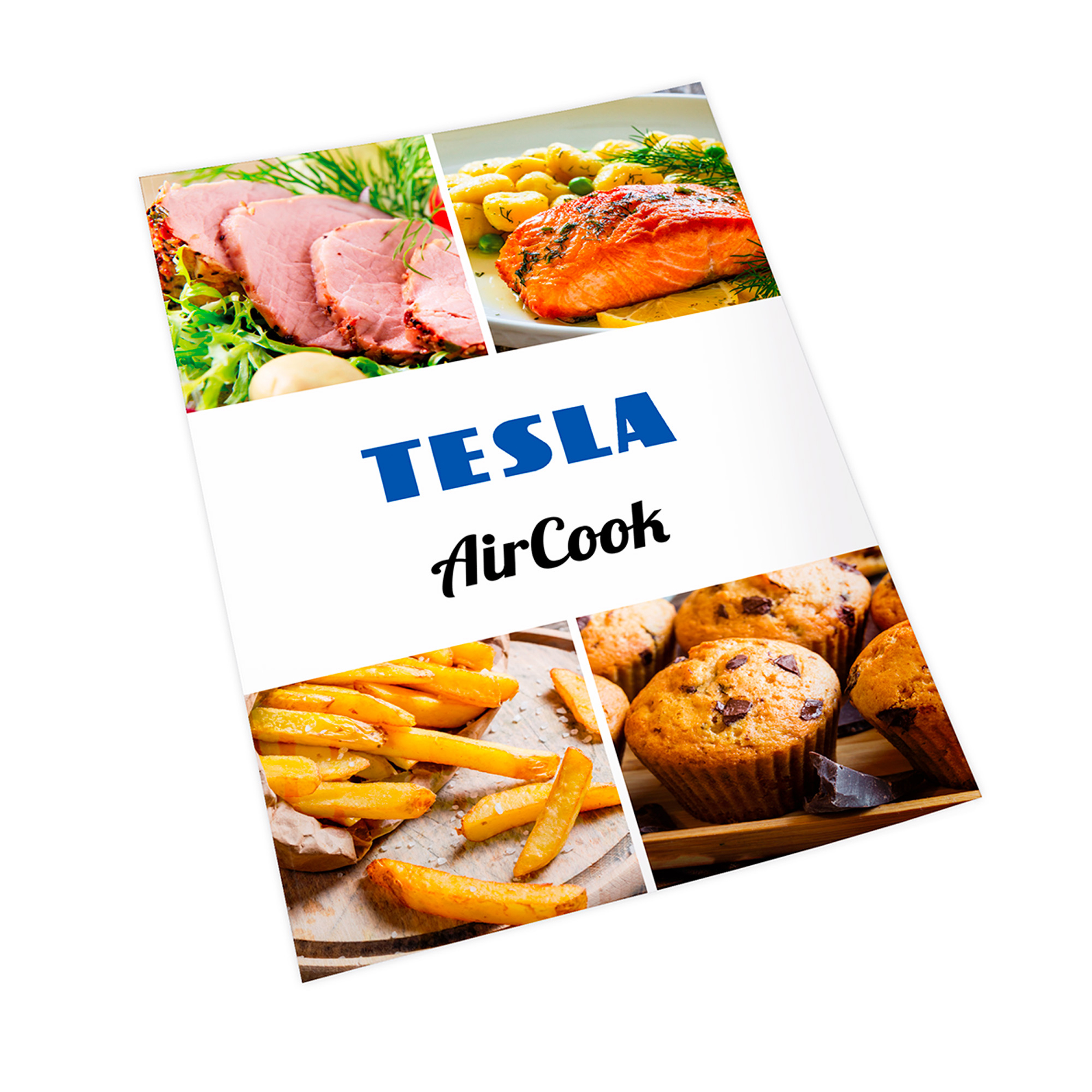 Pubblicità del prodotto Tesla AirCook con foto di carne, salmone, patatine fritte e muffin.