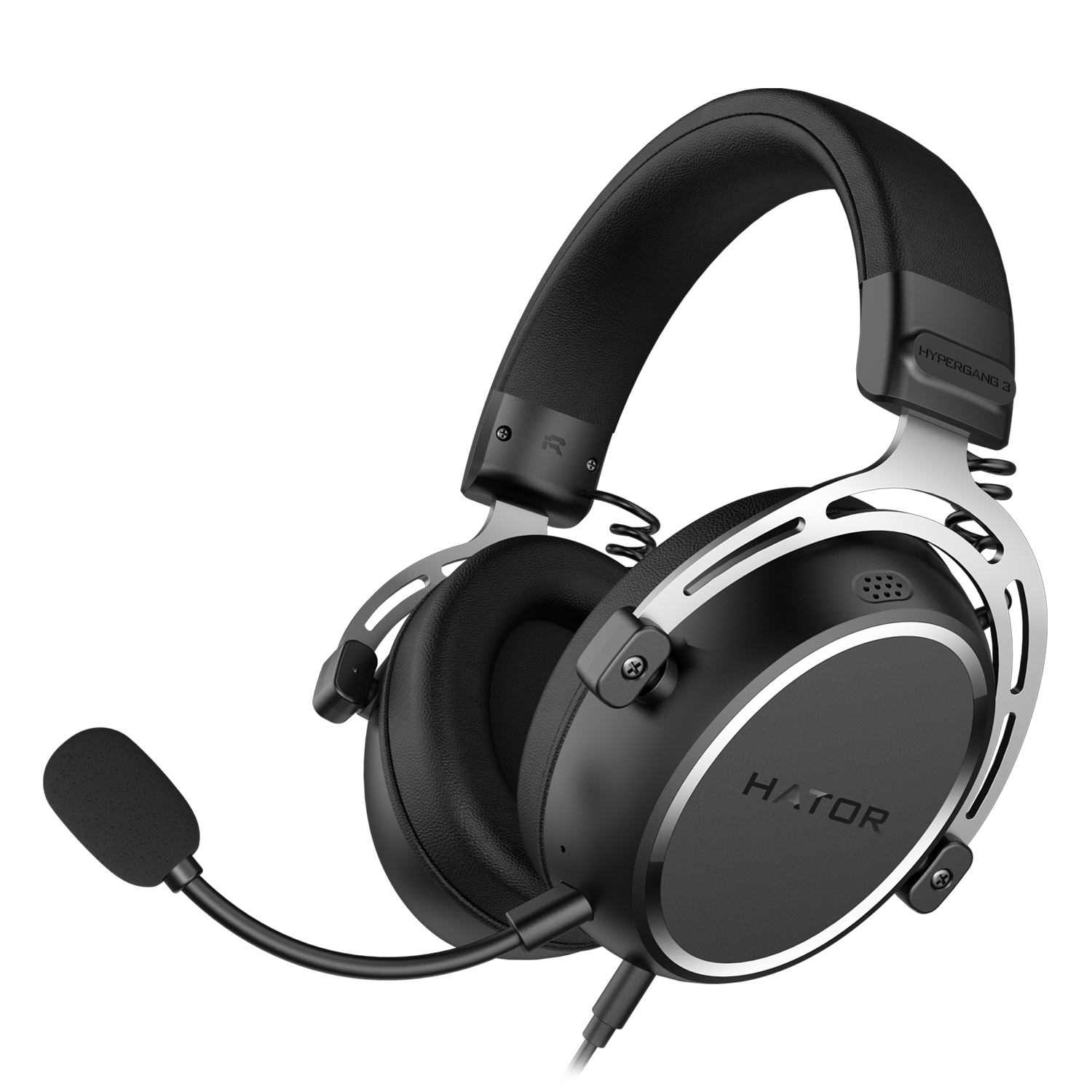 Cuffie da gioco Hator nere e argento con microfono su sfondo bianco.