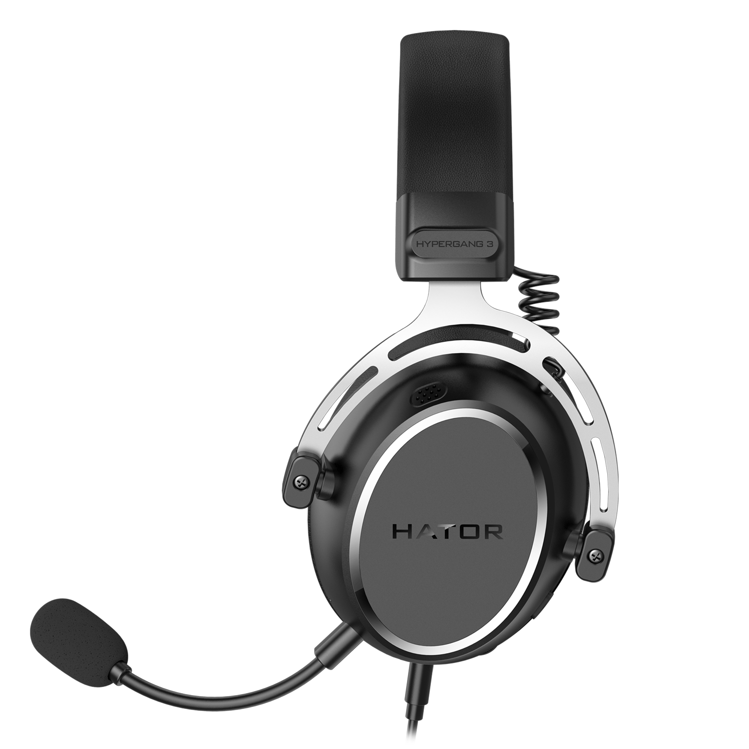 Cuffie da gioco over-ear nere con staffa argentata, microfono e logo Hator su sfondo bianco.