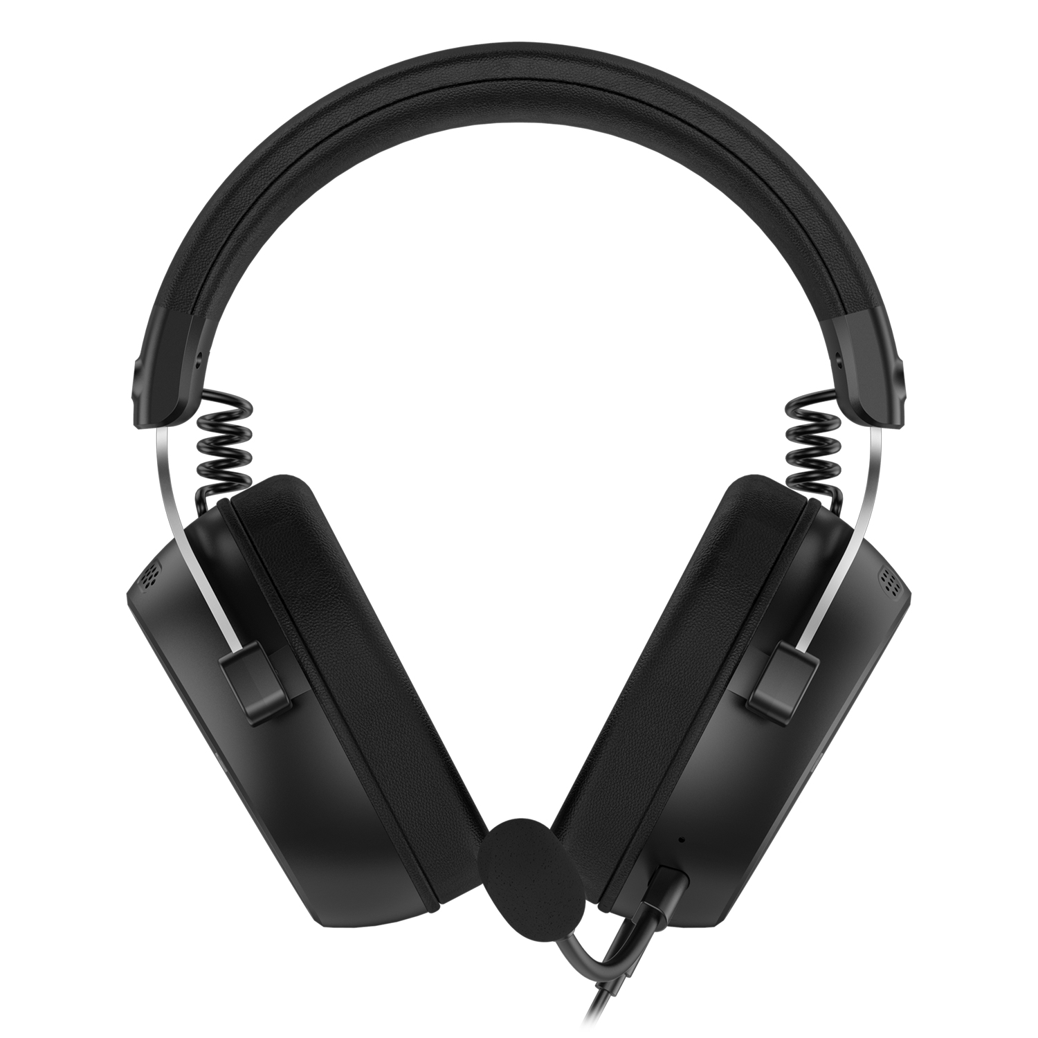 Cuffie over-ear nere con archetto imbottito e microfono attaccato.
