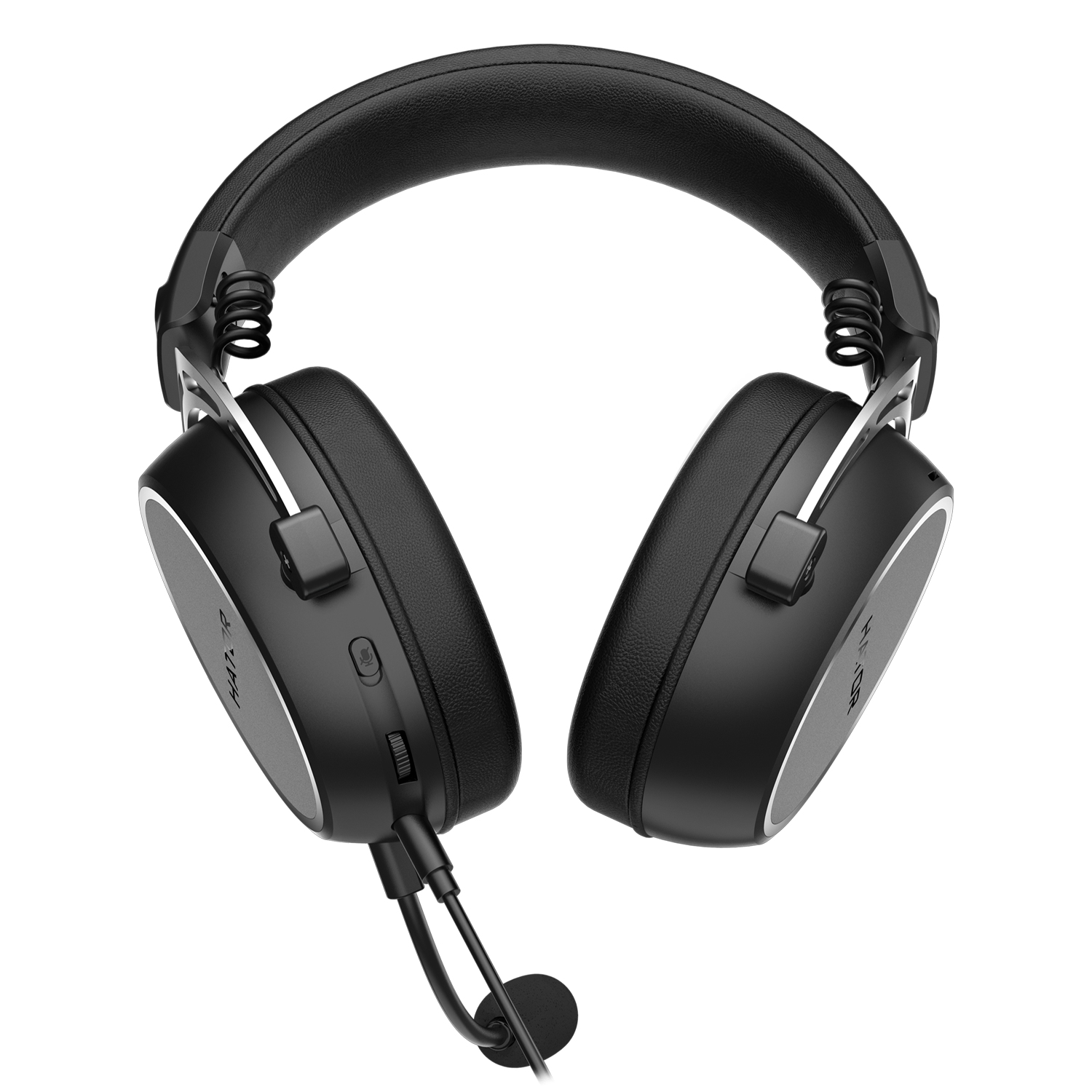 Cuffie gaming over-ear nere con microfono collegato, archetto imbottito e dettagli argentati su sfondo bianco.