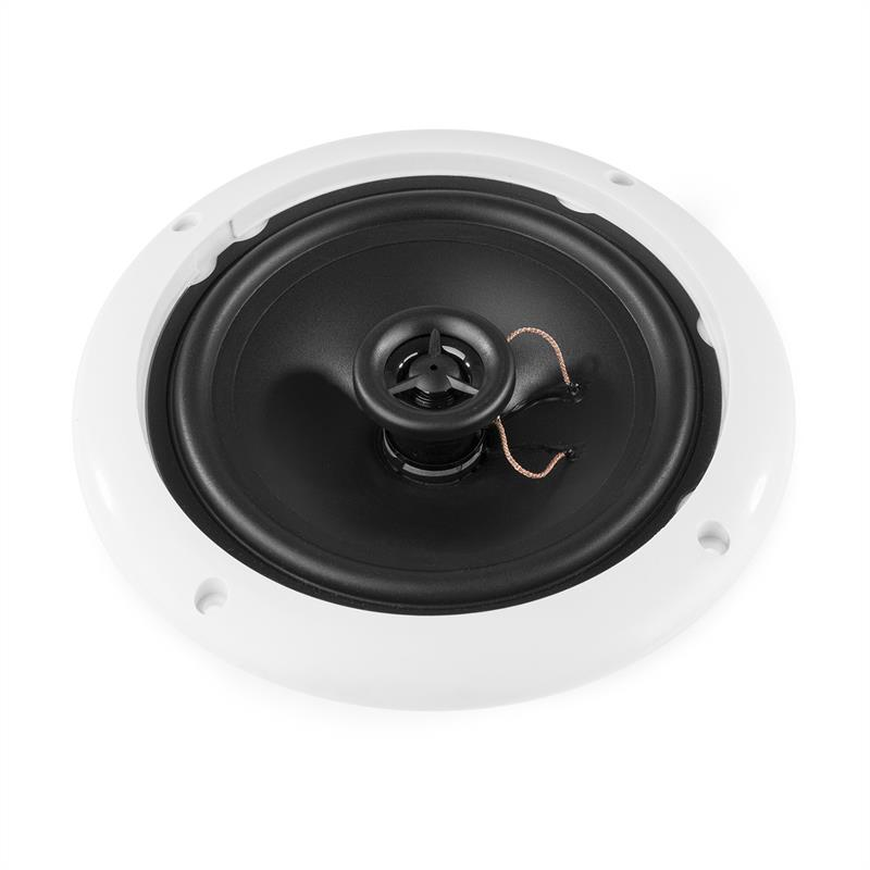 Altavoz de techo redondo con marco blanco, cono negro y tweeter integrado sobre fondo blanco.