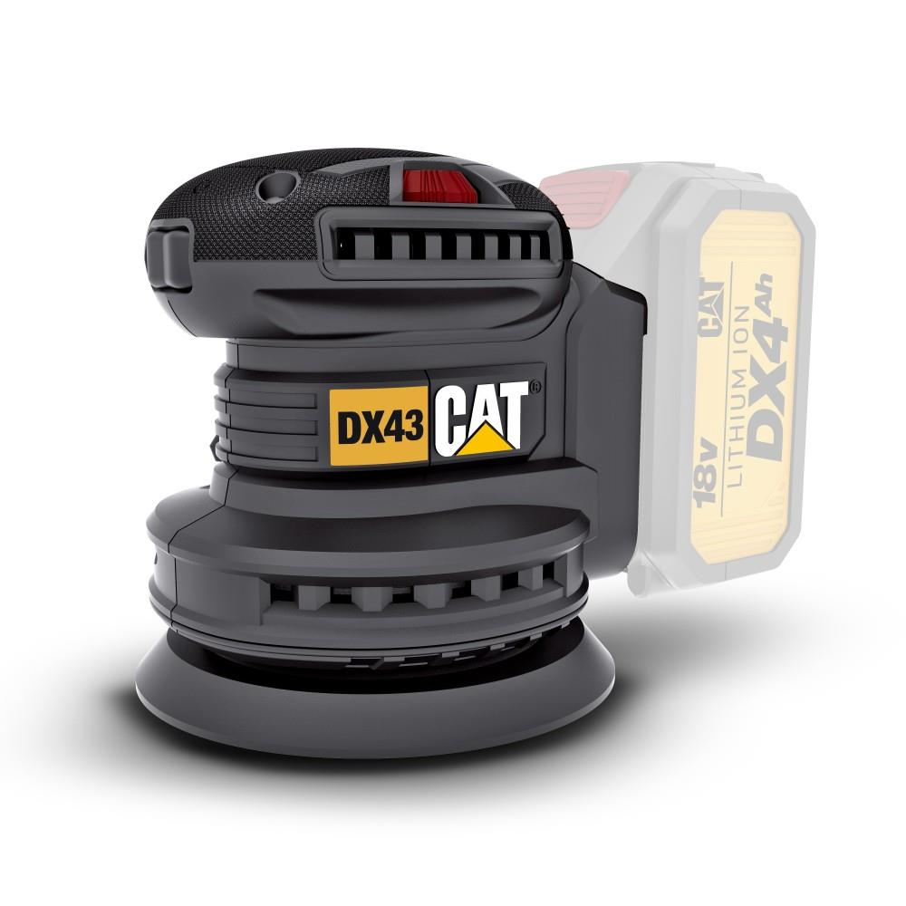 Beyaz arka planda 18V bataryaya sahip siyah ve sarı CAT DX43 akülü eksantrik zımpara makinesi.