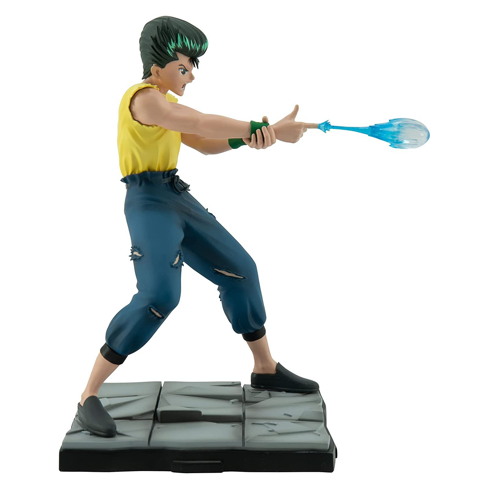 Eine Anime-Figur in gelbem Hemd und blauer Hose feuert eine blaue Energiestoß aus ihren Fingern auf einem grauen Sockel ab.