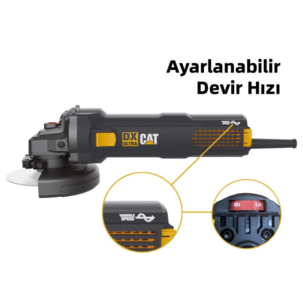 Ayarlanabilir hız özelliğine sahip Cat taşlama makinesi ve hız ayar düğmesinin yakın plan görüntüleri.
