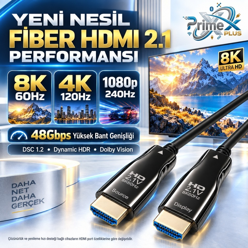 8K çözünürlük, 48Gbps bant genişliği ve HDR desteği sunan PrimeX Plus fiber HDMI 2.1 kablosu.