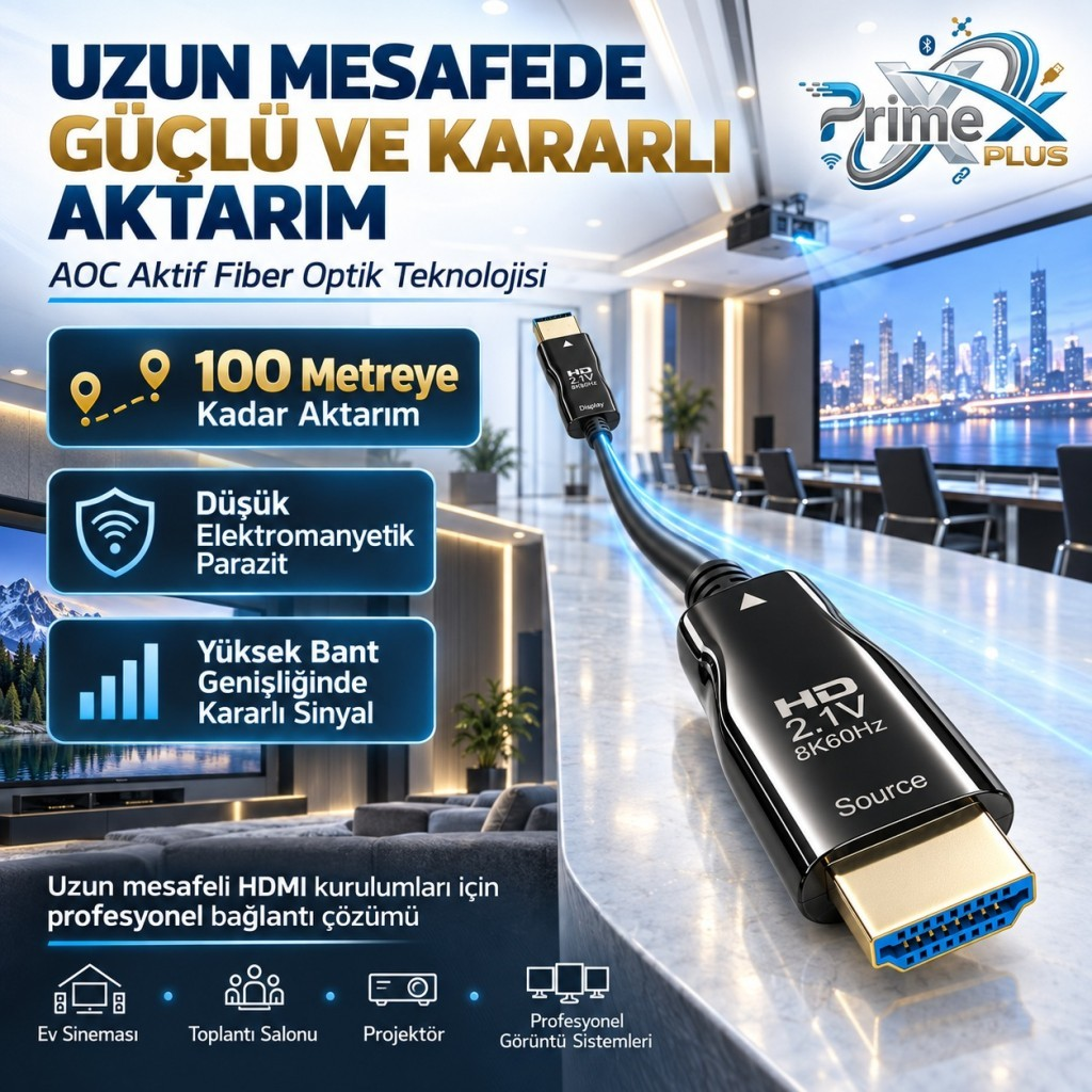 100 metre menzil ve düşük parazit hakkında tanıtım metni içeren bir masadaki HDMI 2.1 kablosu.
