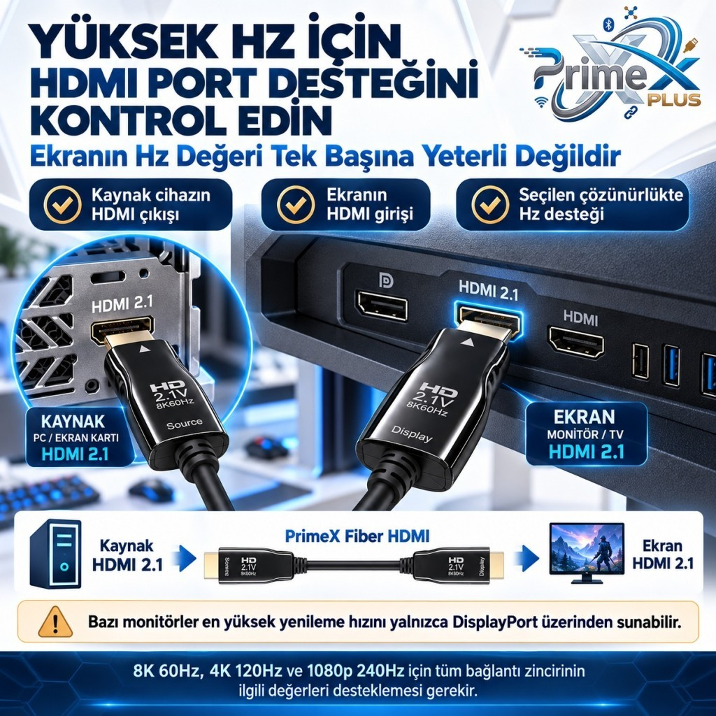 PC ve monitörde HDMI 2.1 bağlantılarını gösteren Türkçe açıklamalı infografik.