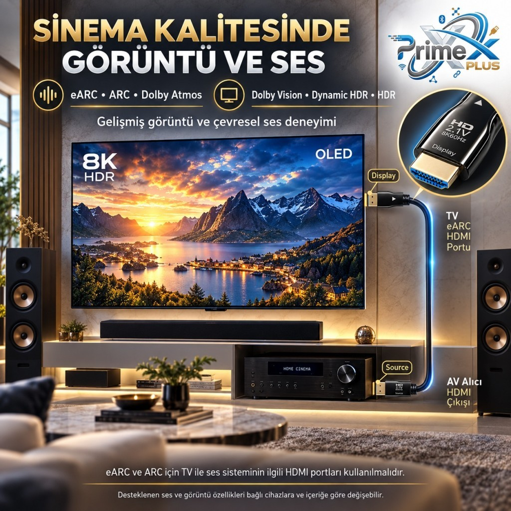 Dağ manzarasını gösteren 8K OLED TV, hoparlörlü ve soundbar'lı bir AV alıcısına HDMI kablosuyla bağlı.