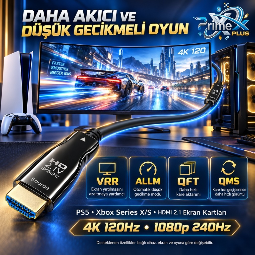 Altın uçlu HDMI 2.1 kablosu oyun monitörüne ve konsola bağlı, promosyon metinleriyle çevrili.