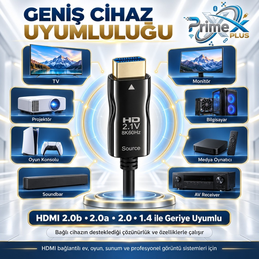 Merkezde PrimeX Plus HDMI 2.1 kablosu, TV, PC, konsol ve diğer cihazlara bağlı.
