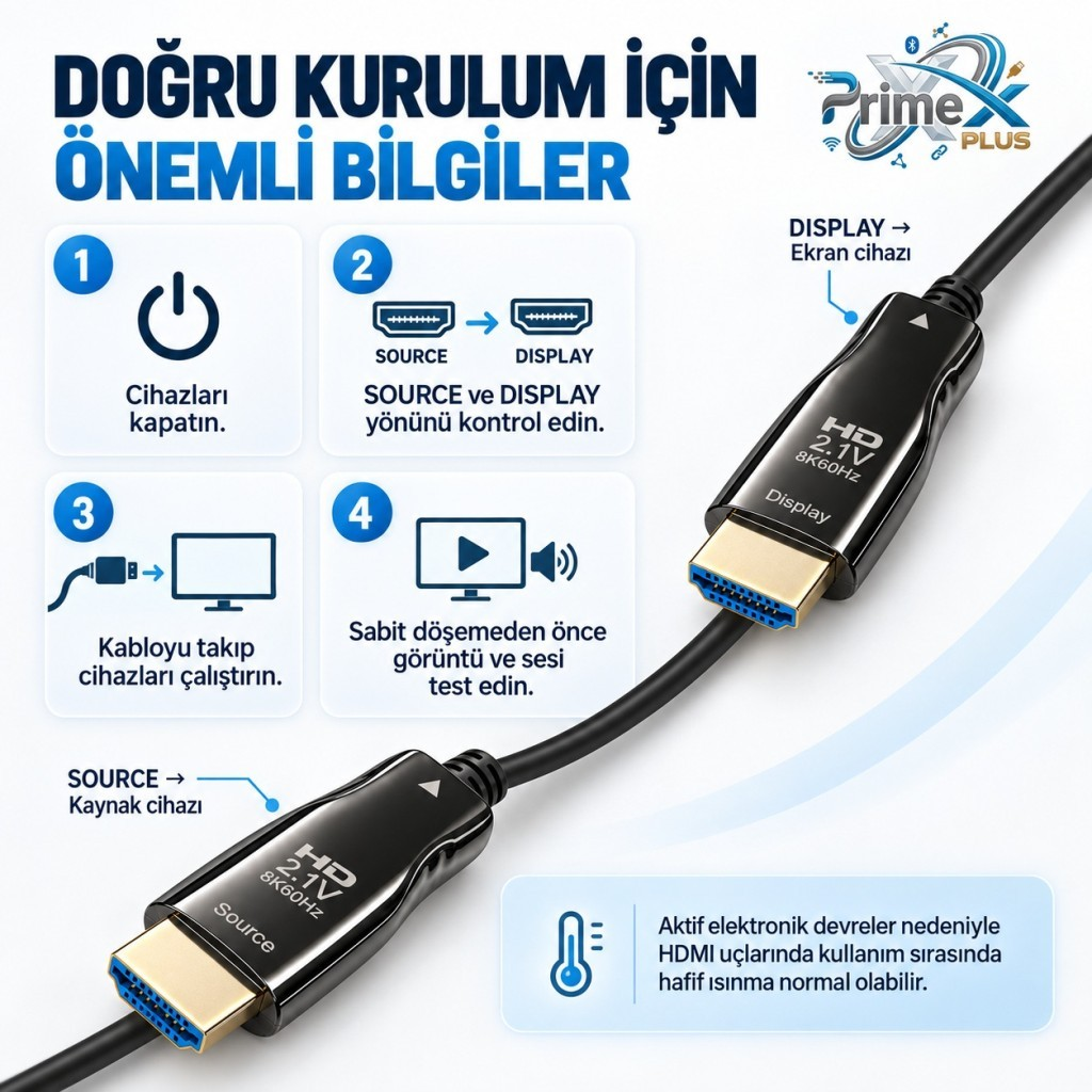Kurulum adımları ve etiketli uçları olan PrimeX Plus HDMI 2.1 kablosu için bilgilendirici bir görsel.