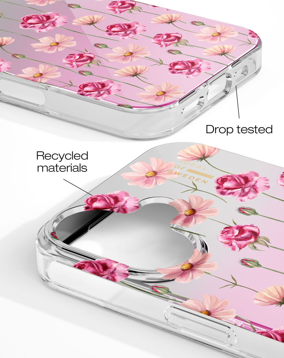 Rosa Handyhülle mit Blumenmuster, Text zeigt sturmerprobt und recycelte Materialien.