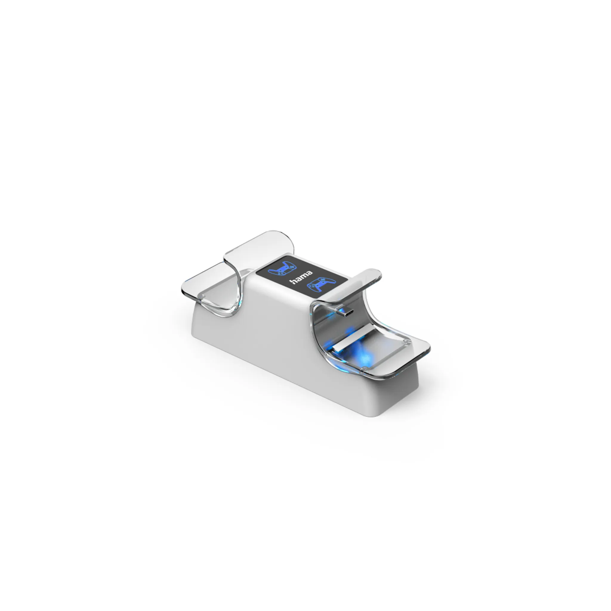 Eine weiße Dual-Controller-Ladestation mit blau leuchtenden Lichtern und transparenten Kunststoffhalterungen auf weißem Grund.