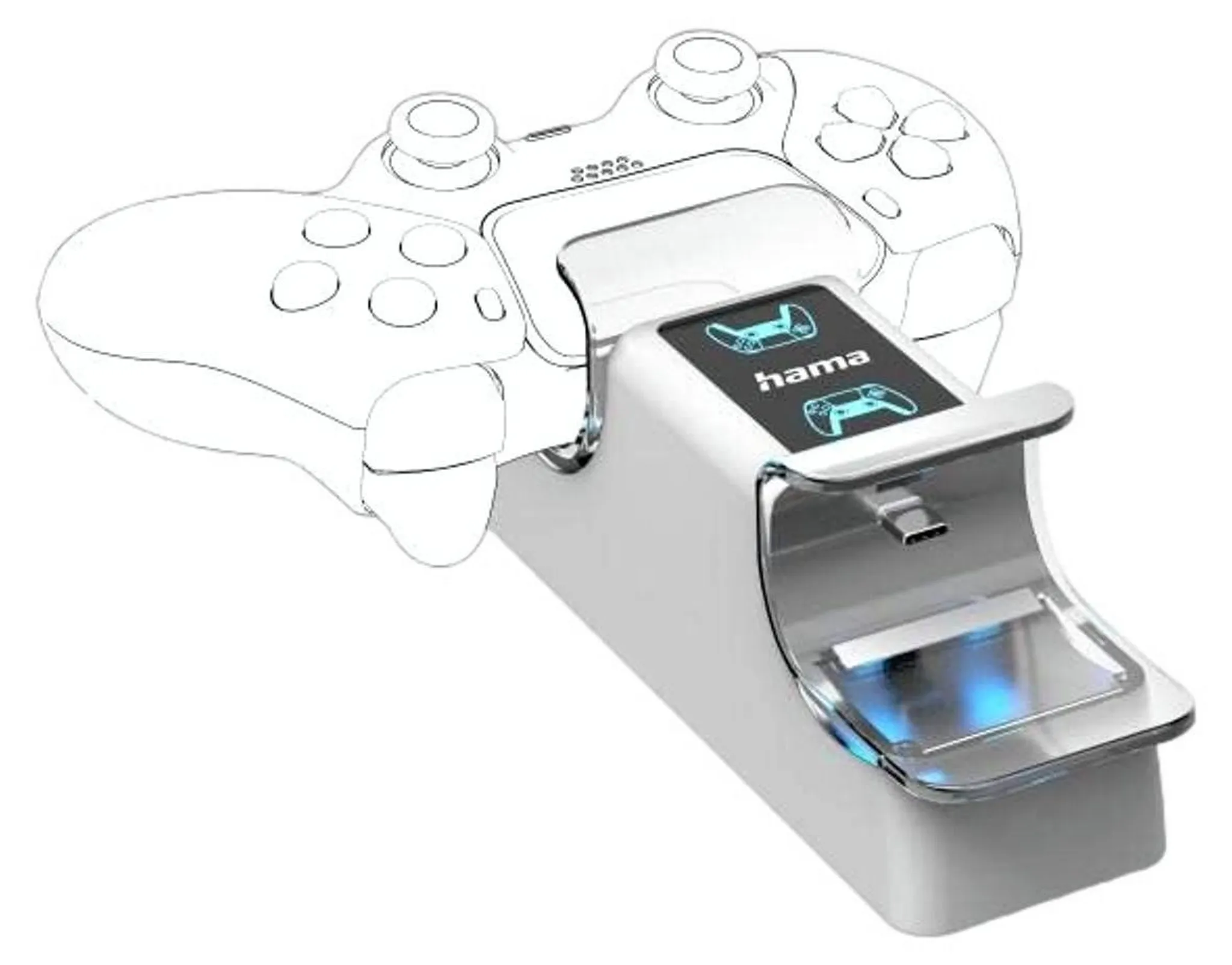 Eine weiße Hama-Ladestation für PlayStation-Controller mit aufgestecktem Controller, isoliert auf weißem Hintergrund.