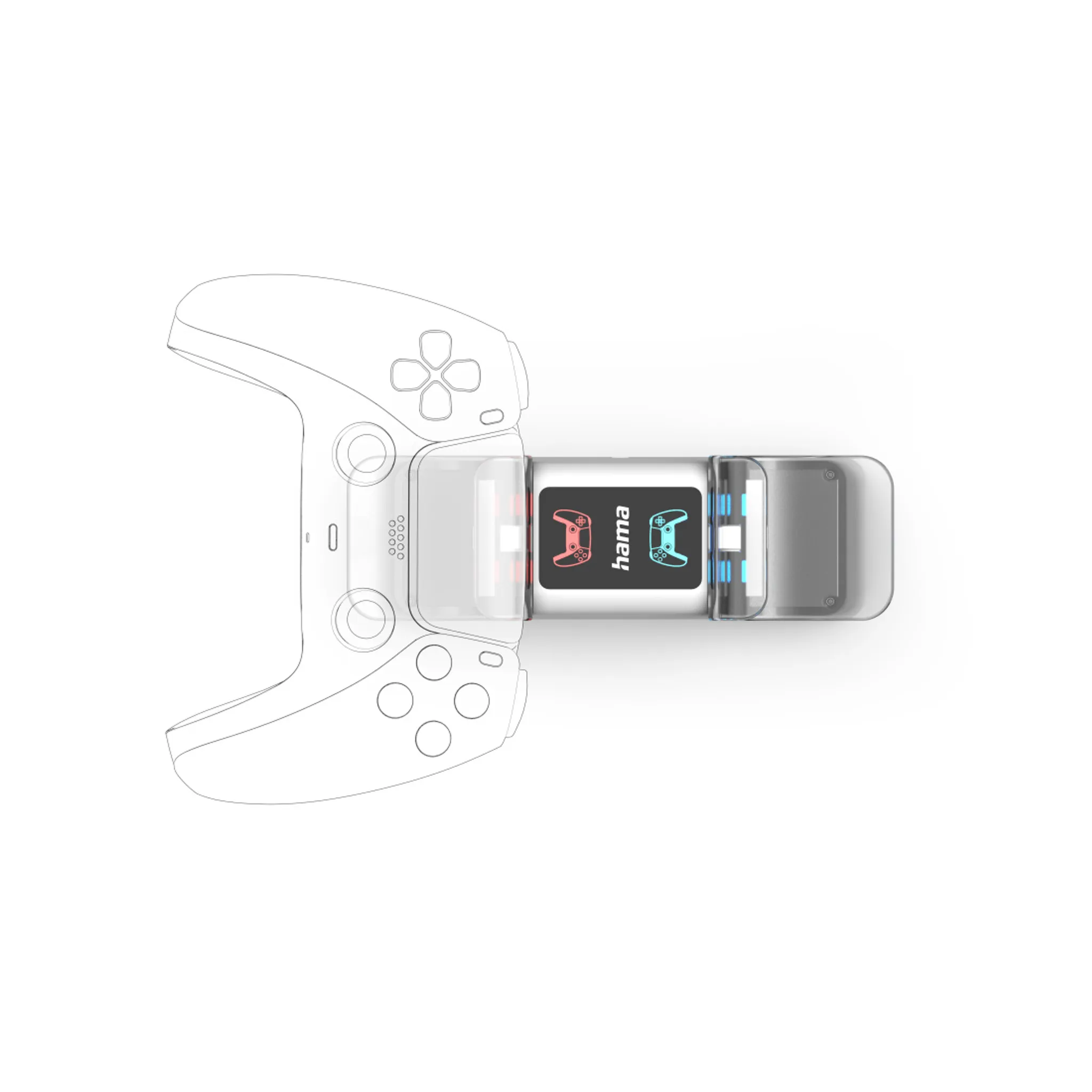 Technische Skizze eines wei#en Gamepads, verbunden mit einer transparenten Hama-Ladestation.