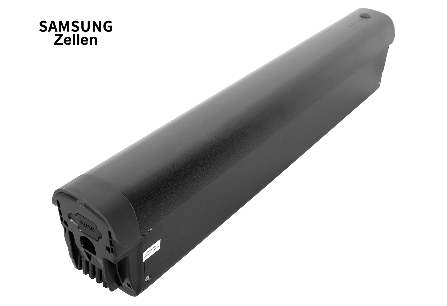 Schwarze E-Bike Batterie mit Samsung-Zellen auf weiÃŸem Hintergrund.