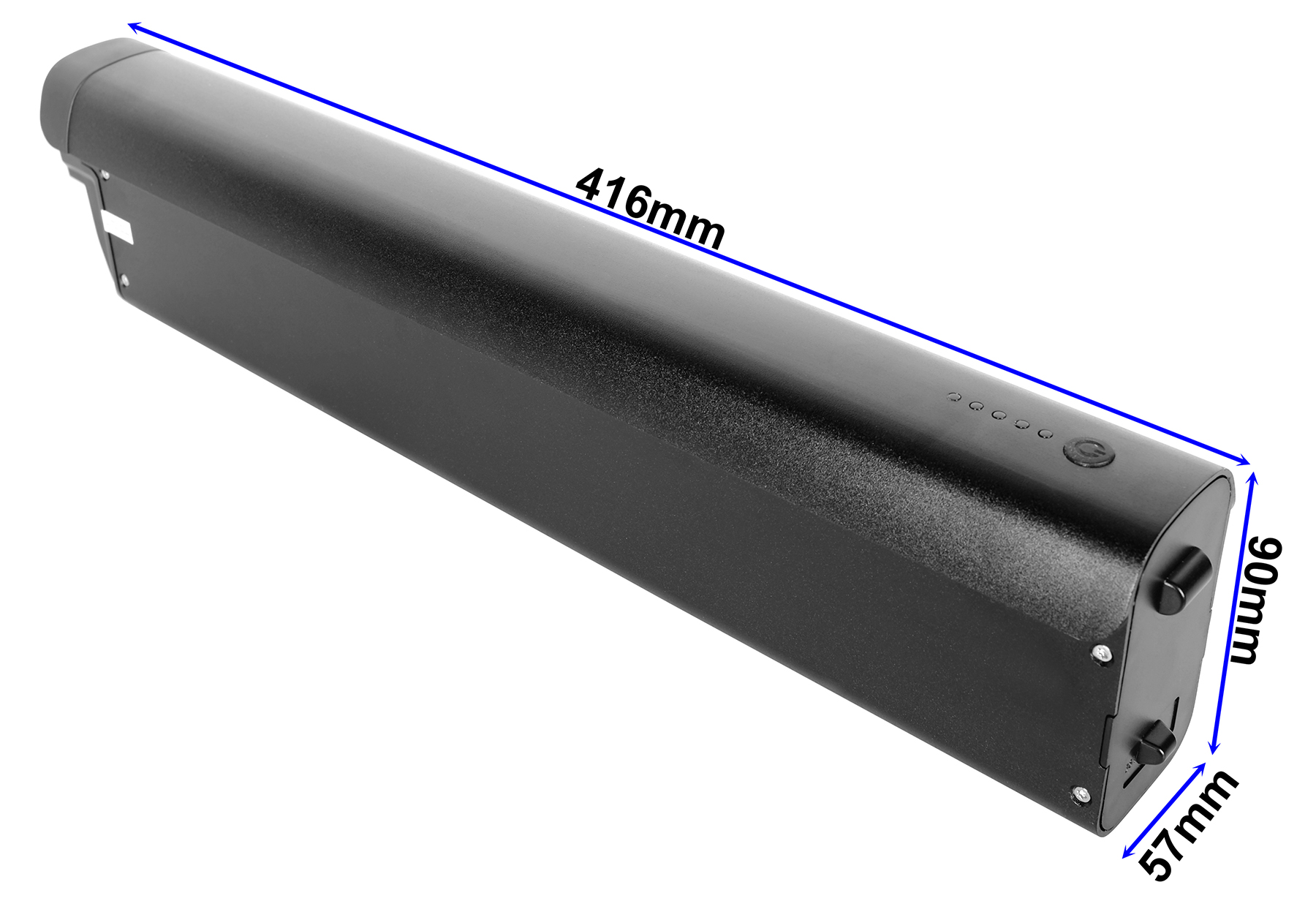 Schwarzer E-Bike-Akku mit Maßangaben von 416mm Länge, 90mm Höhe und 57mm Breite.