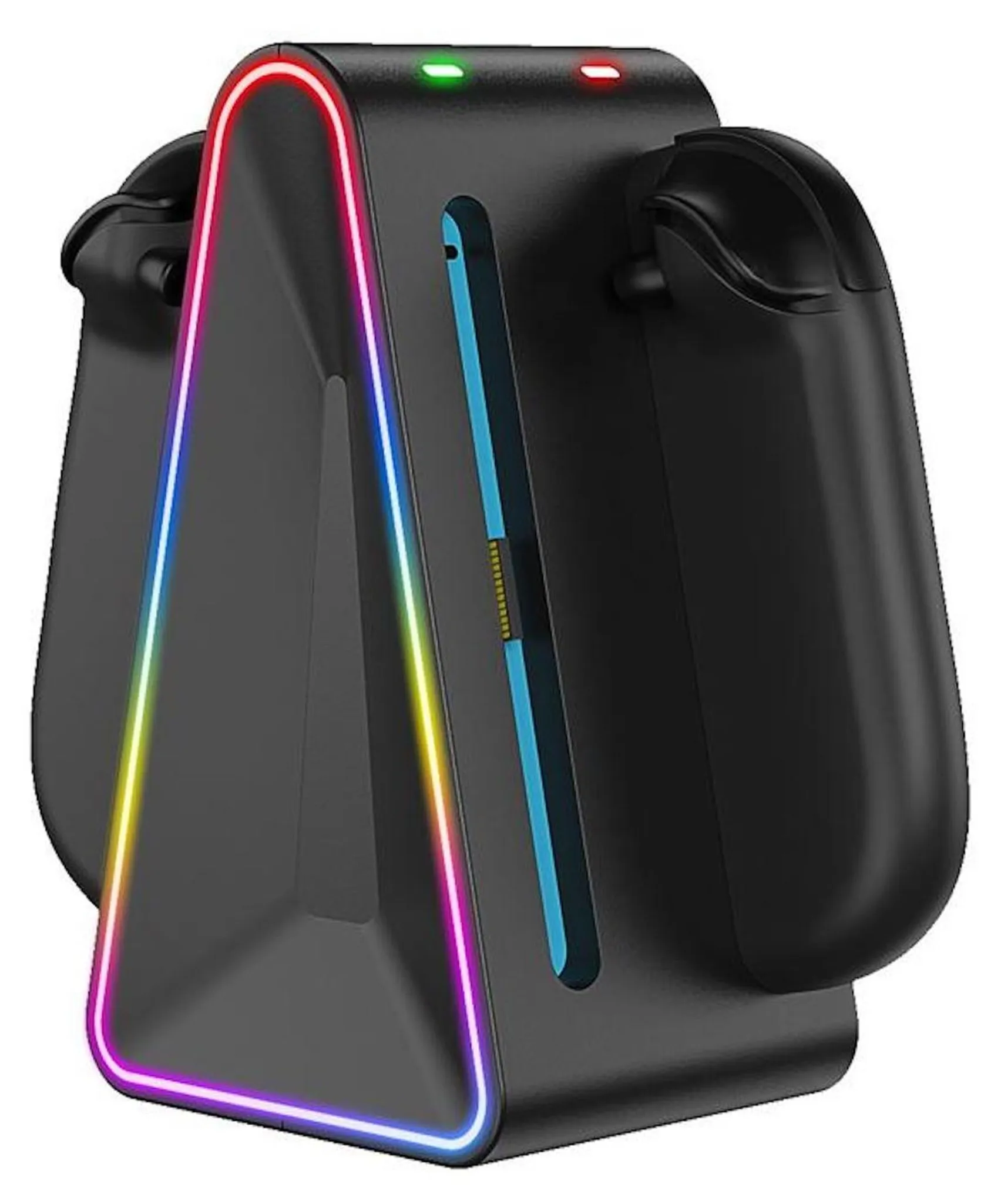 Schwarze Gaming-Ladestation mit RGB-Beleuchtung und angeschlossenen Controllern.