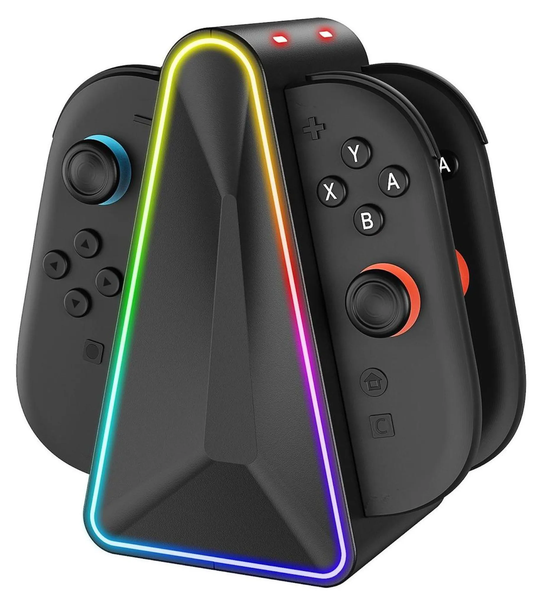 Eine schwarze Gaming-Ladestation mit buntem RGB-Licht und vier angeschlossenen Controllern.
